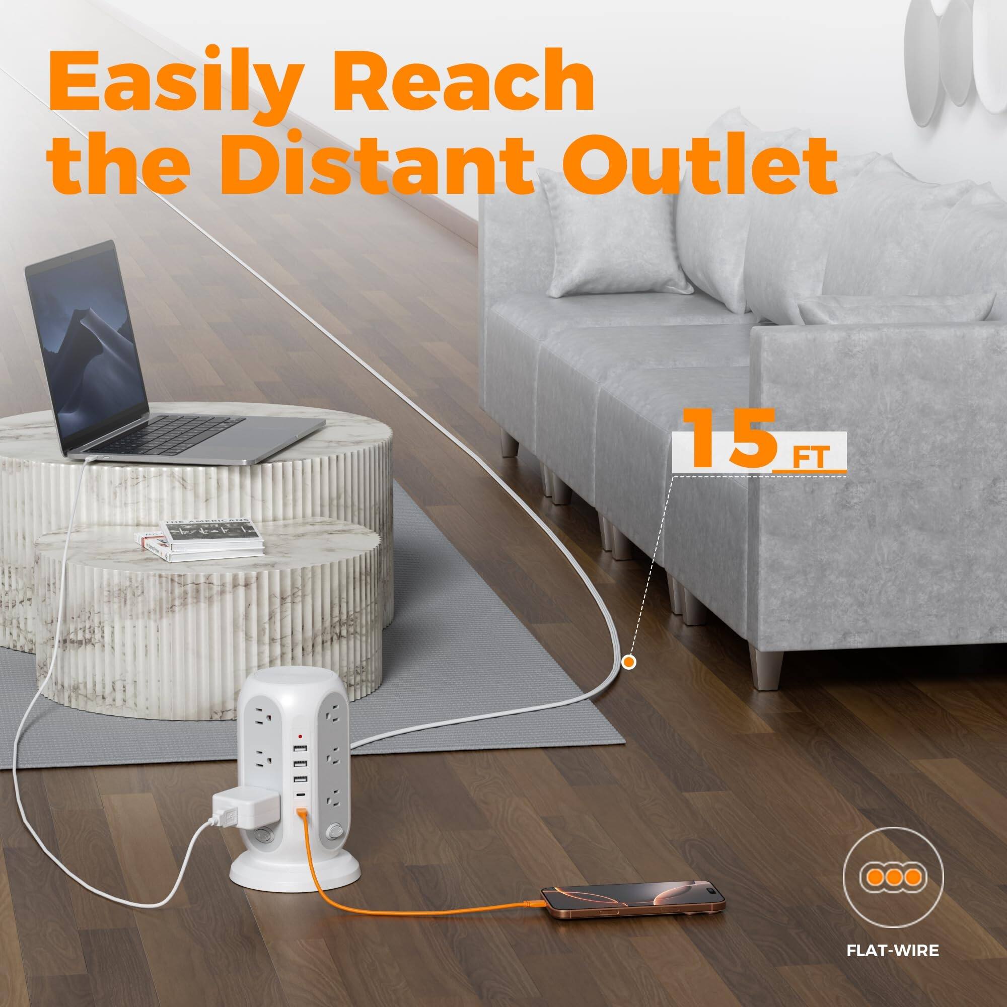 Easily Reach the Distant Outlet  
15 FT FLAT-WIRE