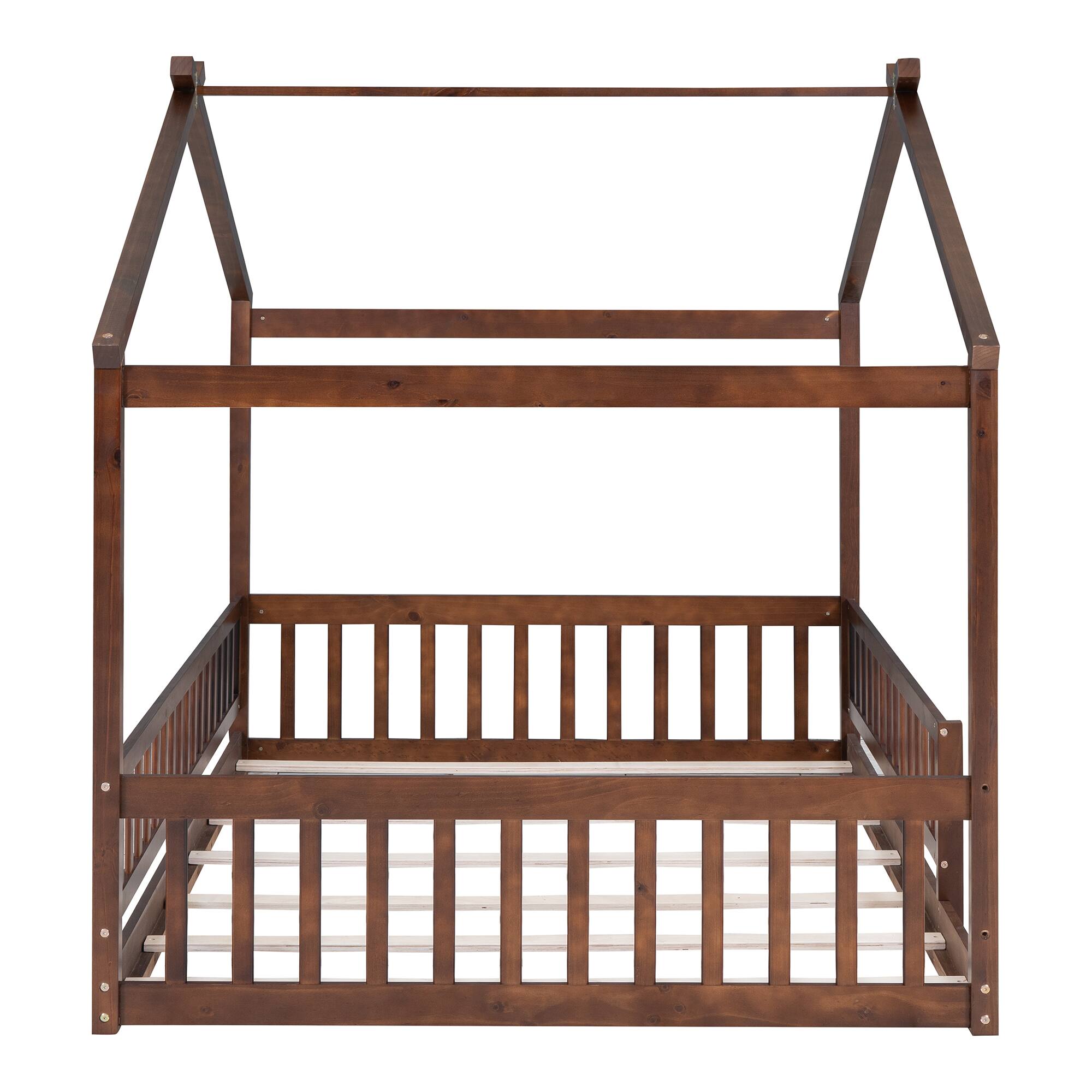 Alt View 2. Whisen - Wood House Bed Frame with Fence for Kids and Teens - Walnut.