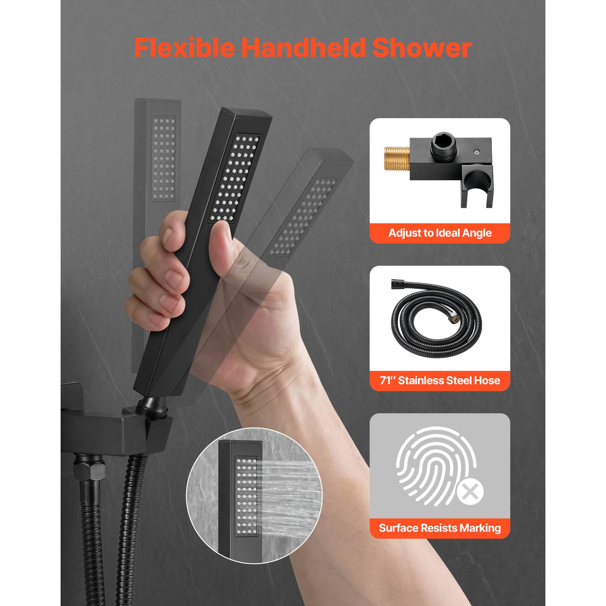 Flexible Handheld Shower, Adjust to Ideal Angle, 71" Stainless Steel Hose, Surface Resists Marking