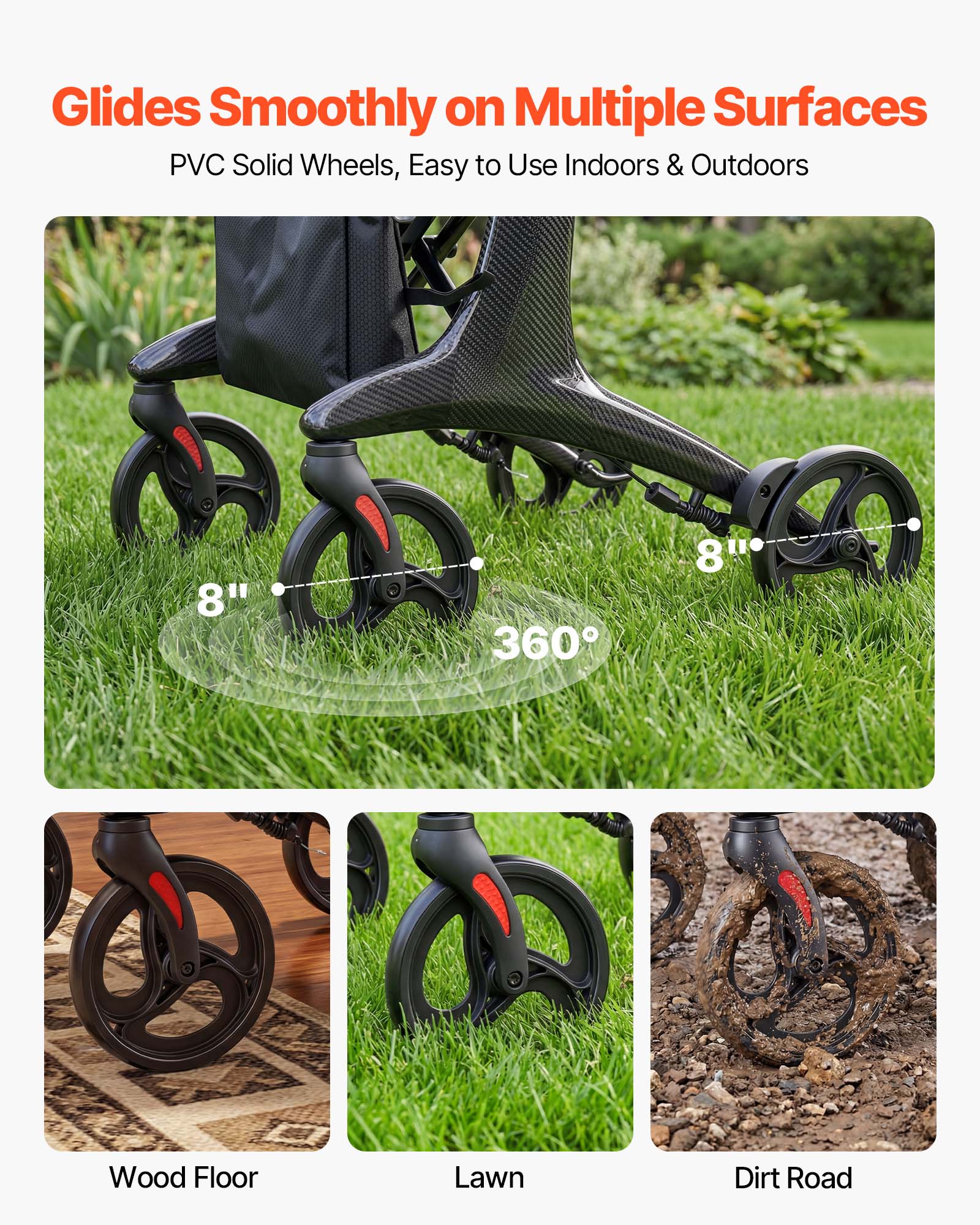 Glides Smoothly on Multiple Surfaces  
PVC Solid Wheels, Easy to Use Indoors & Outdoors  

8" 360°  

Wood Floor  
Lawn  
Dirt Road