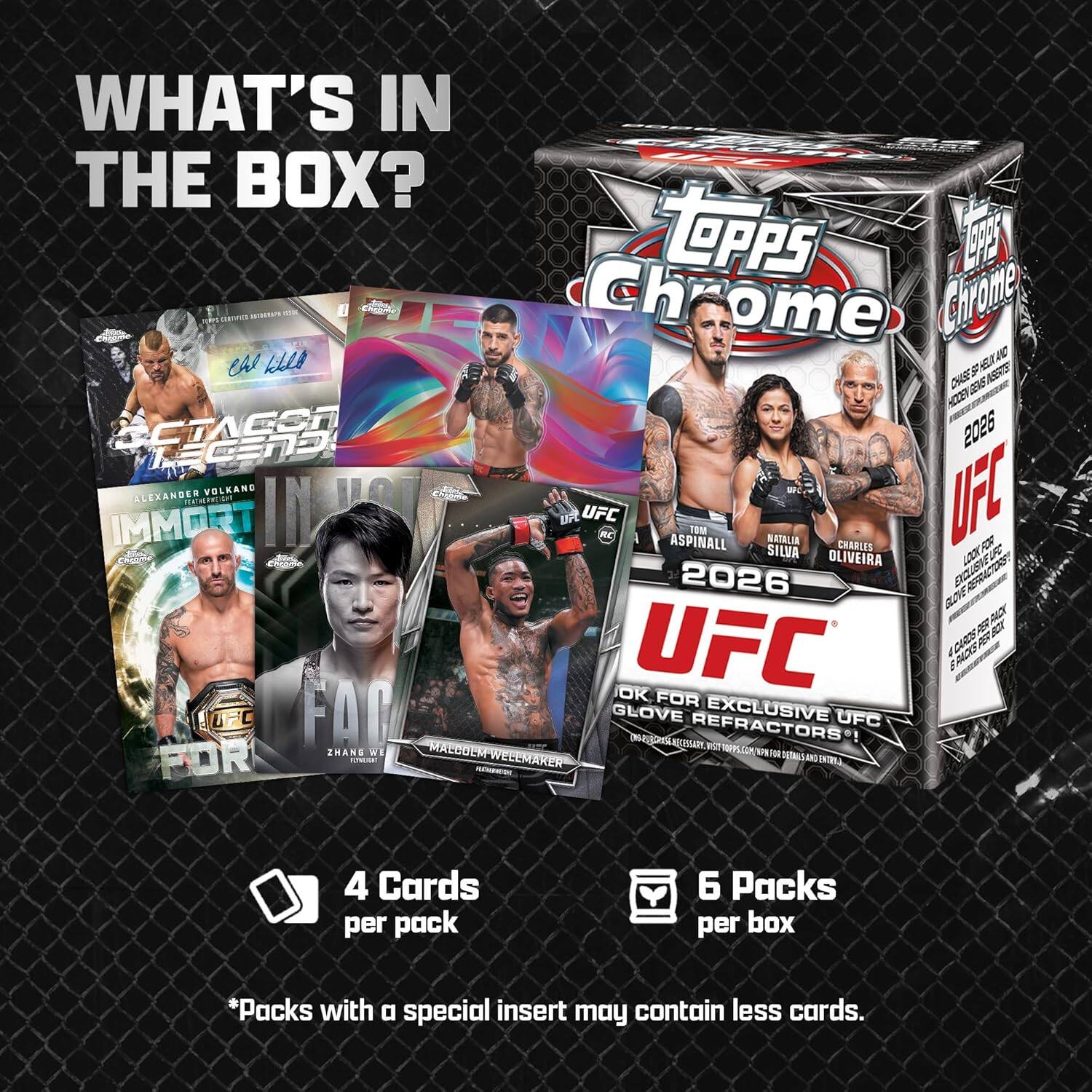 WHAT'S IN THE BOX?  
Topps Chrome  
2026 UFC  
ALEXANDER VOLKANG  
IMMORTAL  
UFC  
RC  
ASPINALL  
NATALIA  
CHARLES  
R SILVA  
OLIVEIRA  
LK  
AUS  
RERAC!  
BOT  
LT  
A  
J  
UFC 400S  
AE  
EACO  
OK FOR UF  
GLOVE EXCLUSIVE UFC  
UiNO  
NUTAAR  
REFRACTORS*!  
MALOOM  
RIT  
WPPS.com  
SHANG WE  
1M  
FOR  
C  
WELLMAKER  
INTI  
4 Cards per pack  
6 Packs per box  
*Packs with a special insert may contain less cards.