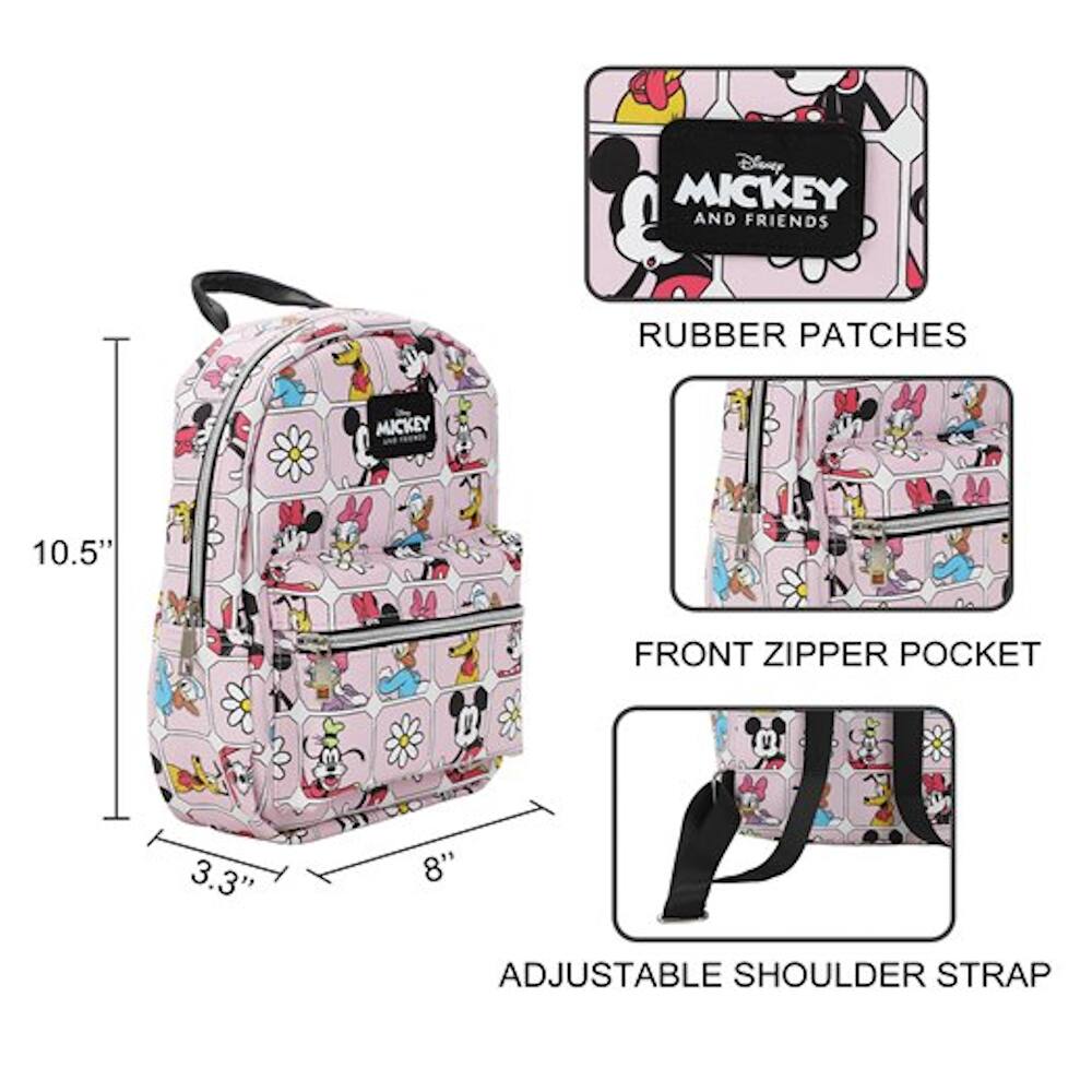 Disney Mickey and Friends Rubber Patches Mickey 10.5" Front Zipper Pocket 3.3" 8" Adjustable Shoulder Strap
