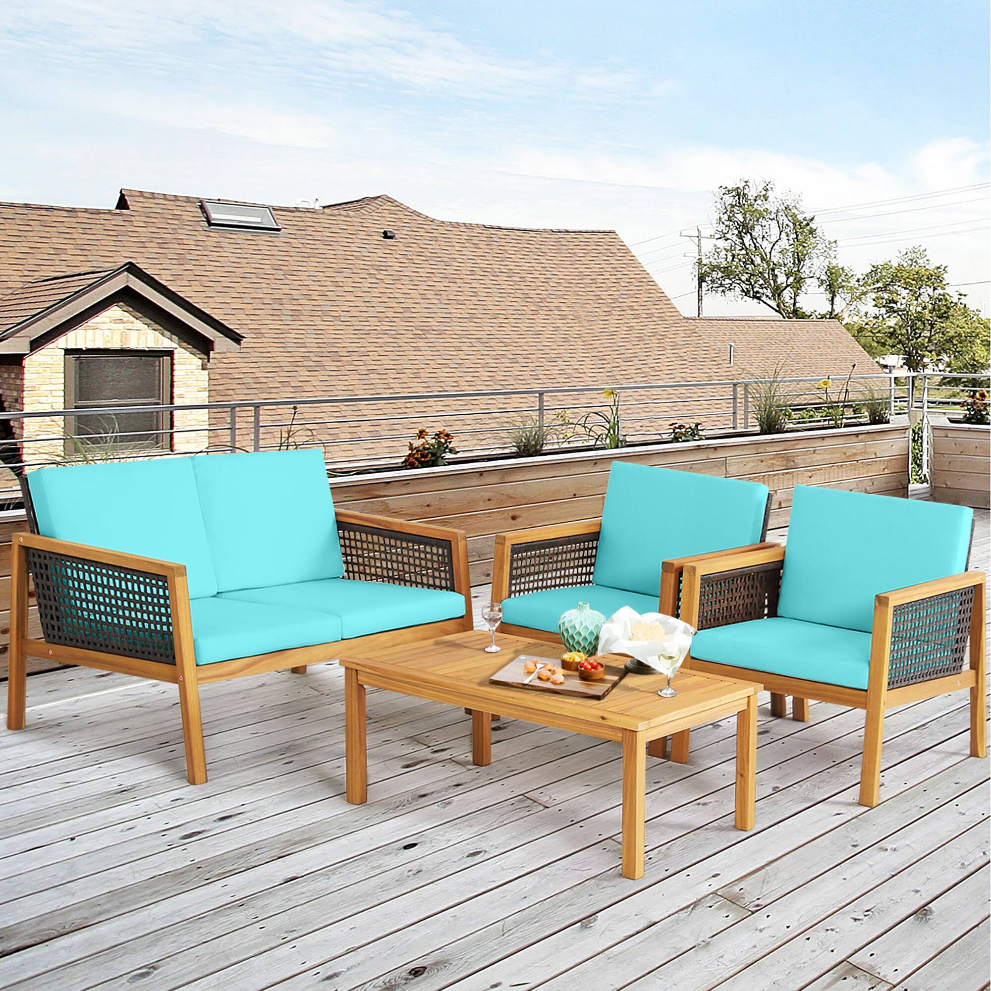 Alt View 3. Gymax - Gymax 8PCS Patio Acacia Wood Furniture Set PE Rattan Conversation Set w/ Turquoise Cushions - Turquoise.
