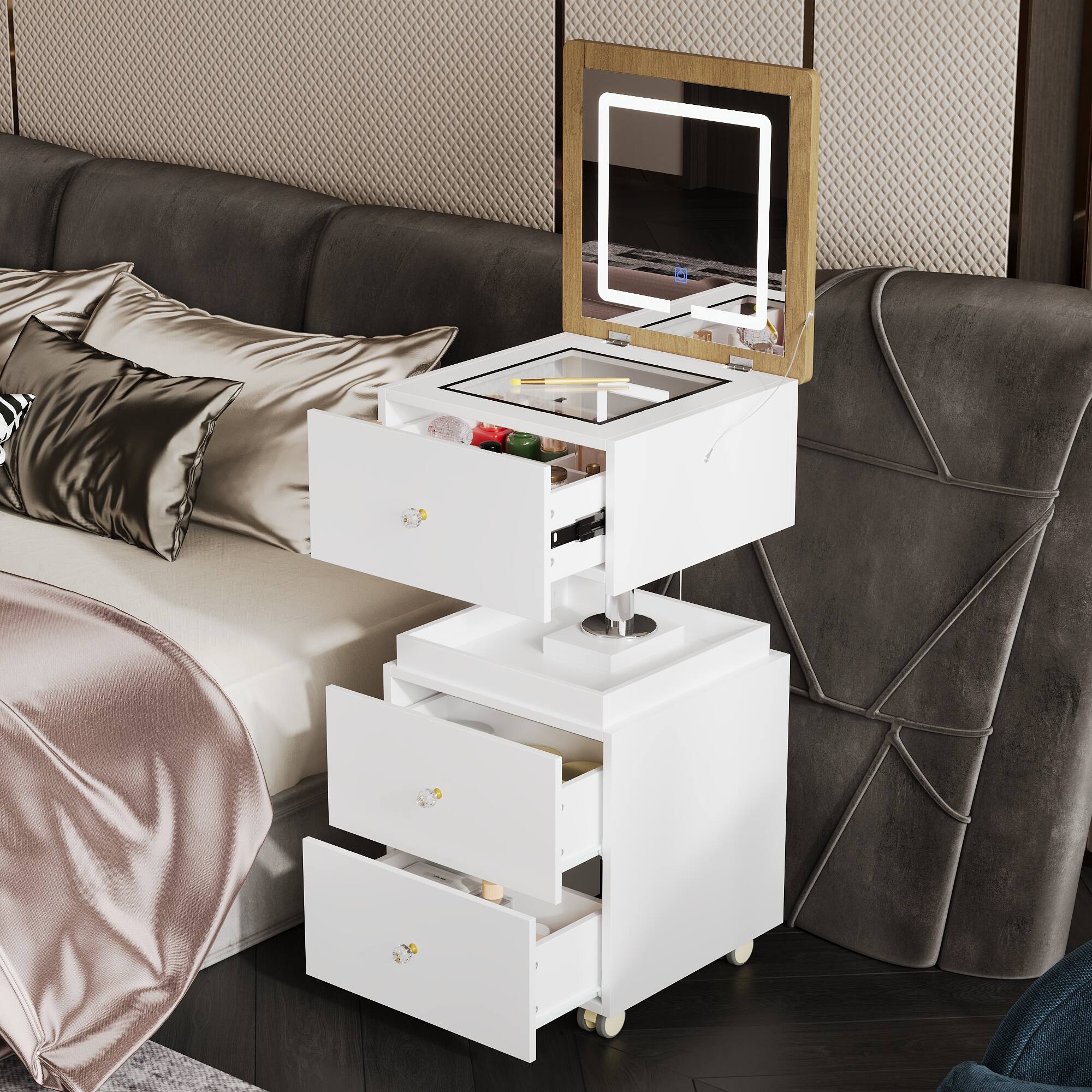 Left. Famapy - Smart Lift-Top Vanity Desk with Lights & Storage, Nightstand Makeup Table, Vortex Flush Comfort Upgrade - White.