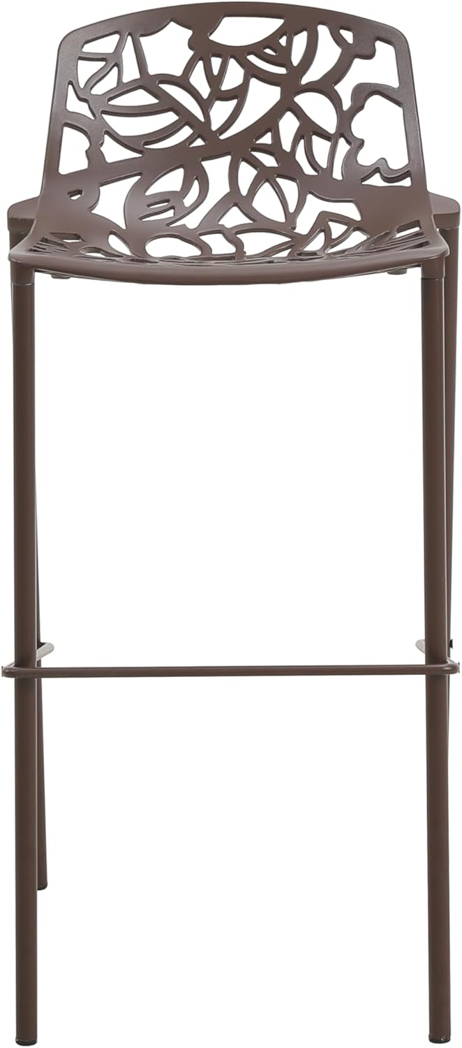 Left. LeisureMod - Devon 31" Aluminum Bar Stool - Modern Floral Cutout Indoor/Outdoor Patio Stool with Footrest - Brown.