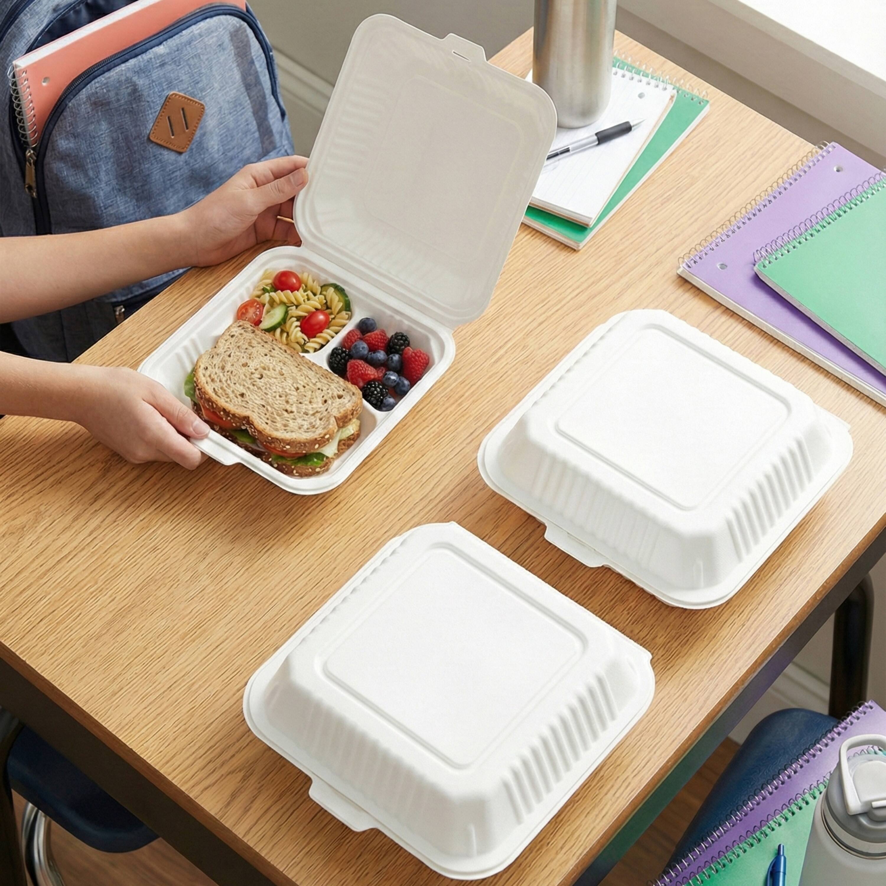 Alt View 5. Eco Harmony Products - Clamshell (MFPP) Hinged Container (Center Slide), 3-compartment, 8.25" x 7.5", 150-Pack - White.