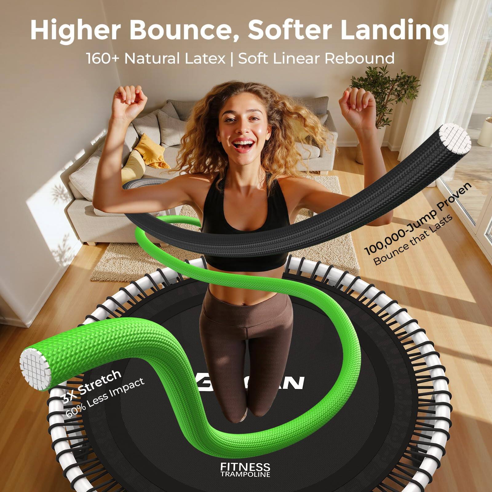 Higher Bounce, Softer Landing  
160+ Natural Latex | Soft Linear Rebound  
100,000-Jump Proven Bounce that Lasts  
5X Stretch  
60% Less Impact  
FITNESS TRAMPOLINE