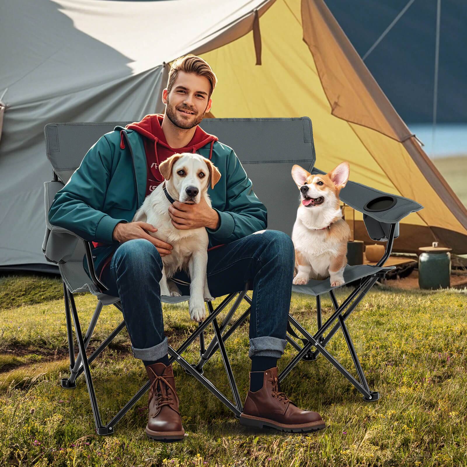 Alt View 3. Costway - Costway 2-Person Outdoor Folding Loveseat with Cup Holders Armrests Carrying Bag - Gray.