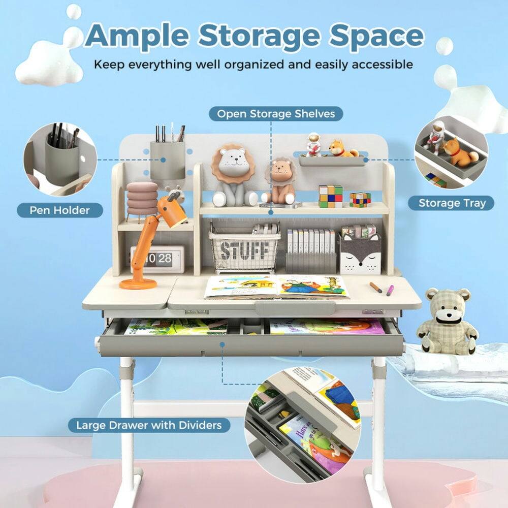 Ample Storage Space  
Keep everything well organized and easily accessible  

- Open Storage Shelves  
- Pen Holder  
- Storage Tray  
- Large Drawer with Dividers