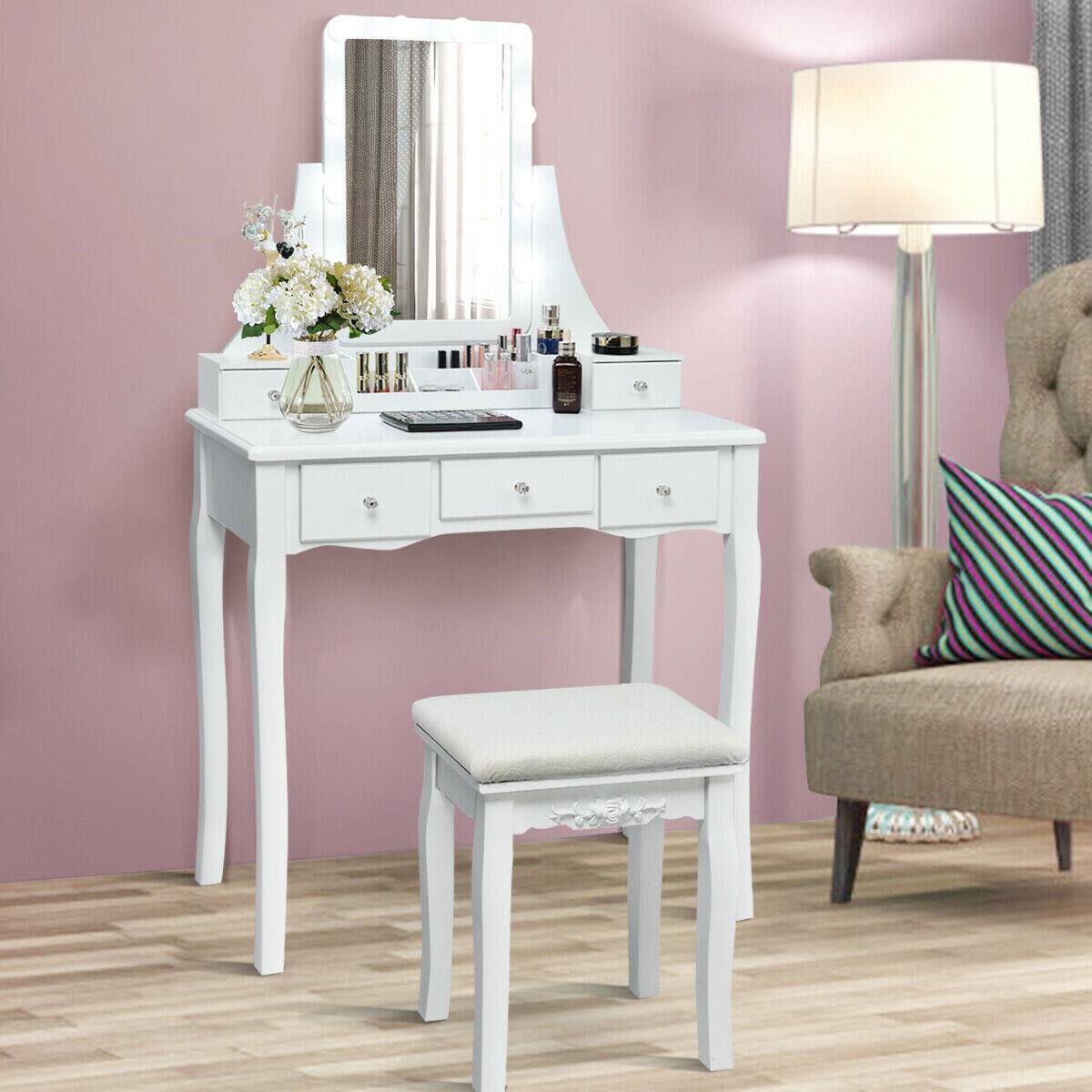 Alt View 1. Ecooso - Makeup Vanity Table with Customizable Light Intensity, Organizer and Upholstered Stool - White.