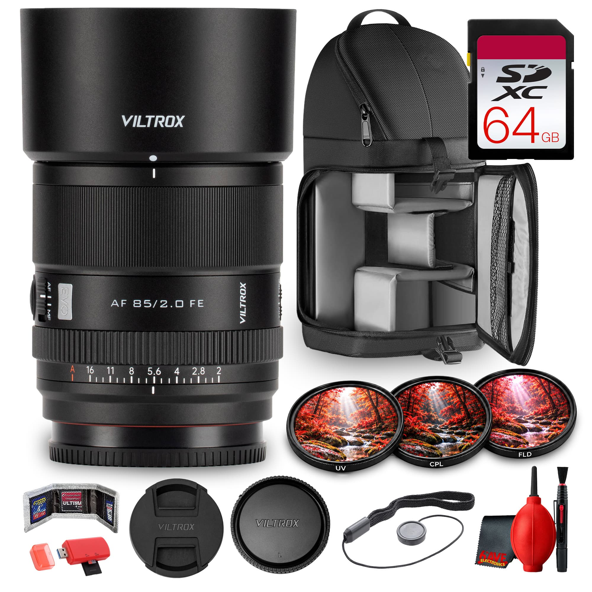 Viltrox - AF 85mm F2 EVO FE Lens for Sony E-Mount Full-Frame Cameras + 64GB Card + Sling Backpack + More (14pc bundle) - Black