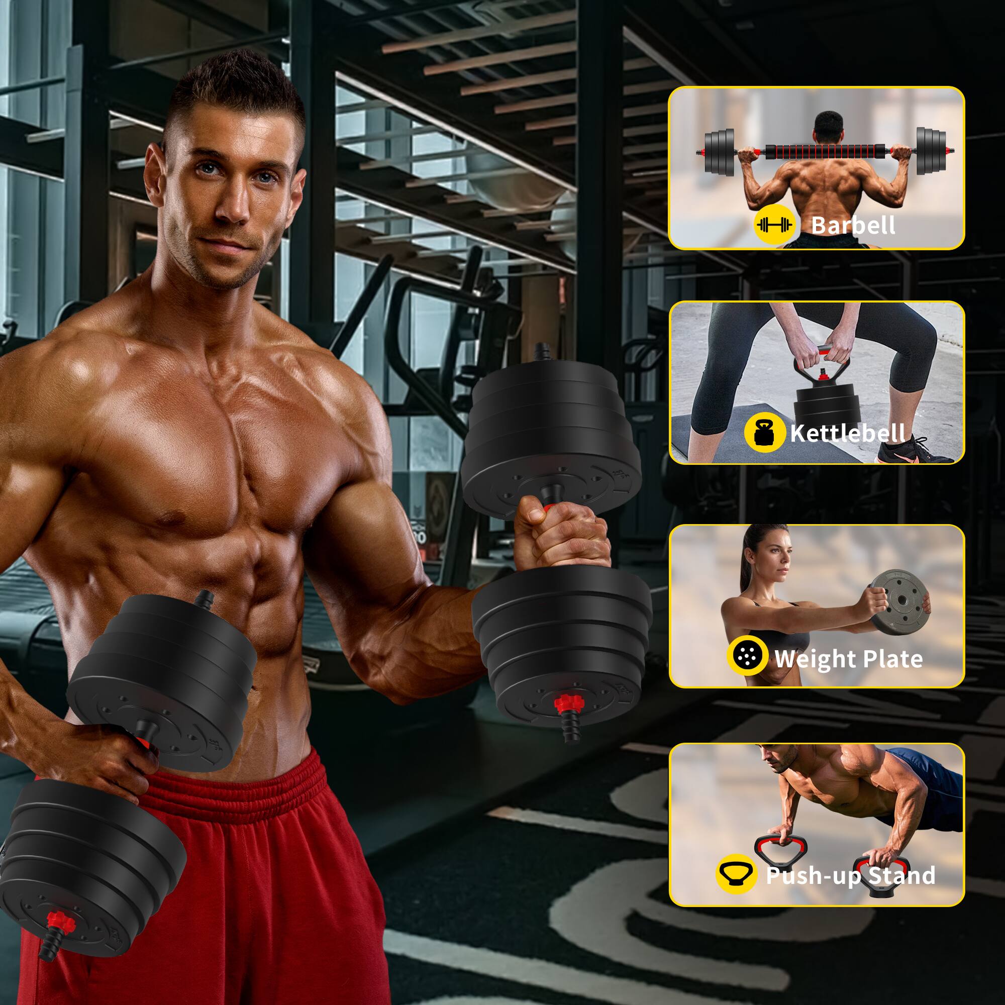 - Barbell
- Kettlebell
- Weight Plate
- Push-up Stand