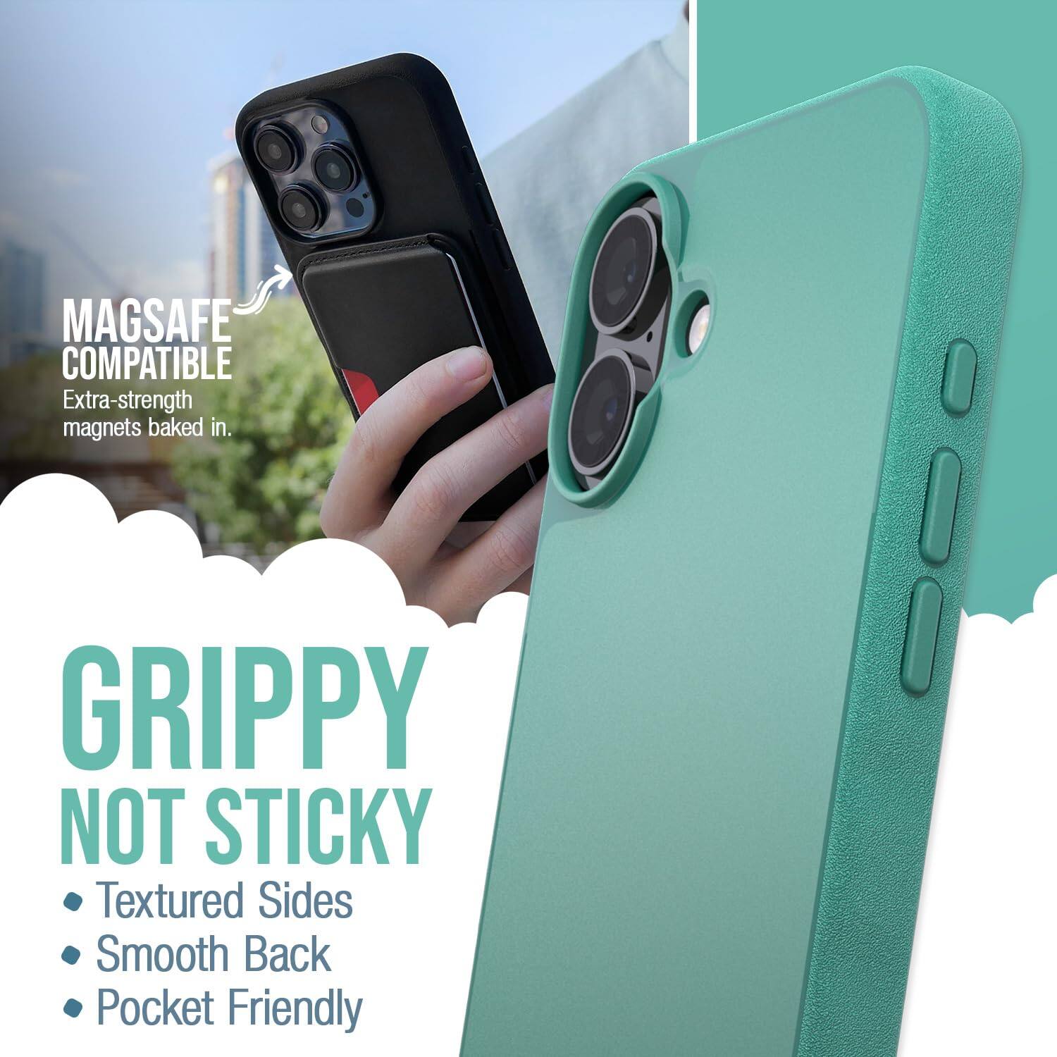 MAGSAFE COMPATIBLE  
Extra-strength magnets baked in.  

GRIPPY NOT STICKY  
Textured Sides  
Smooth Back  
Pocket Friendly
