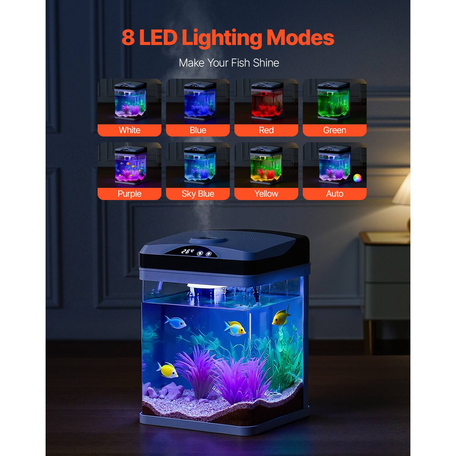 8 LED Lighting Modes  
Make Your Fish Shine  
White  
Blue  
Red  
Green  
Purple  
Sky Blue  
Yellow  
Auto