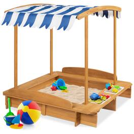 Best Choice Products - Kids Wooden Cabana Sandbox w/ Bench Seats, UV-Resistant Canopy, Sandpit Cover, 2 Buckets - Natural