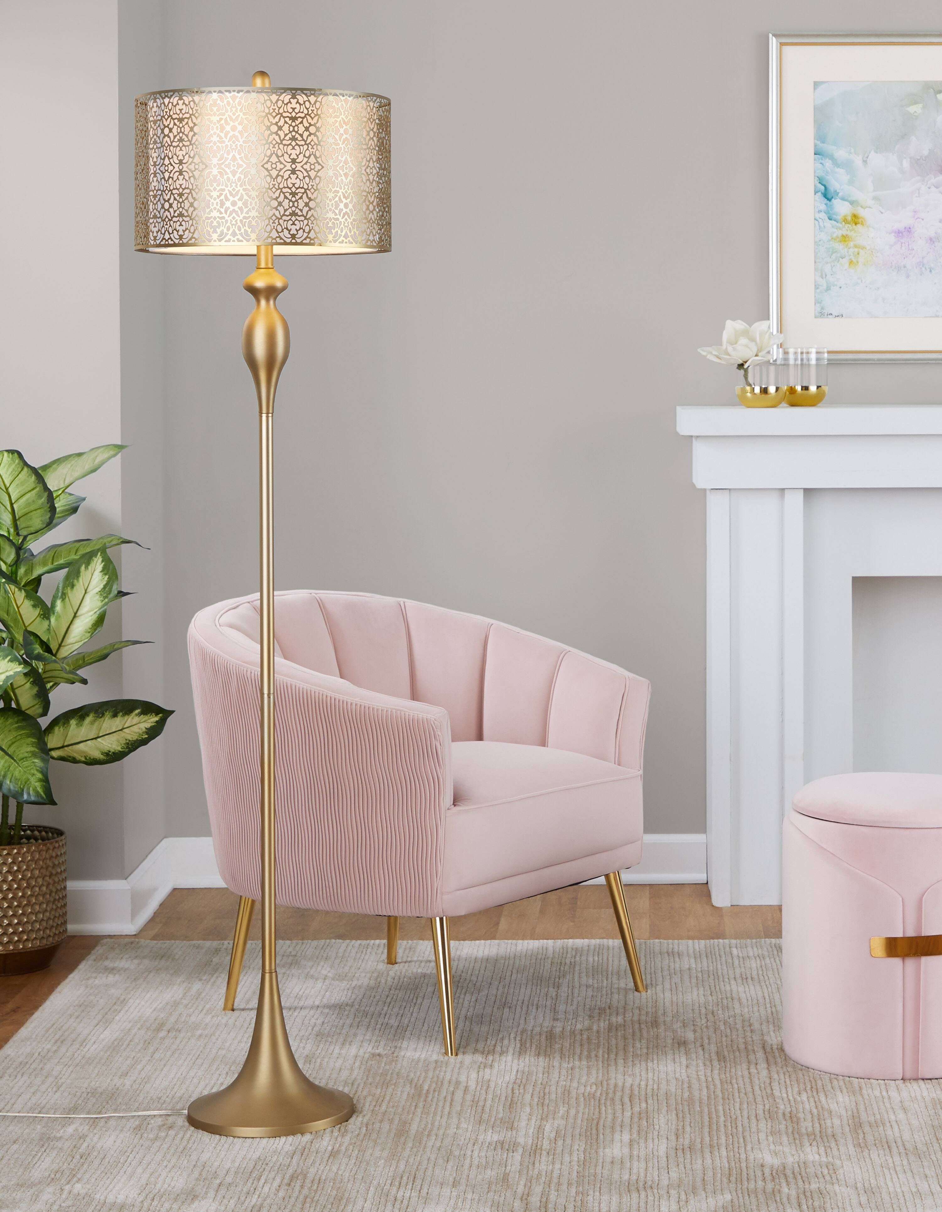 Alt View 1. APRILSOUL - Ashland 63in Contemporary Metal Floor Lamp in Gold Metal with Laser Cut Metal and Off-White Linen Shade - Gold.