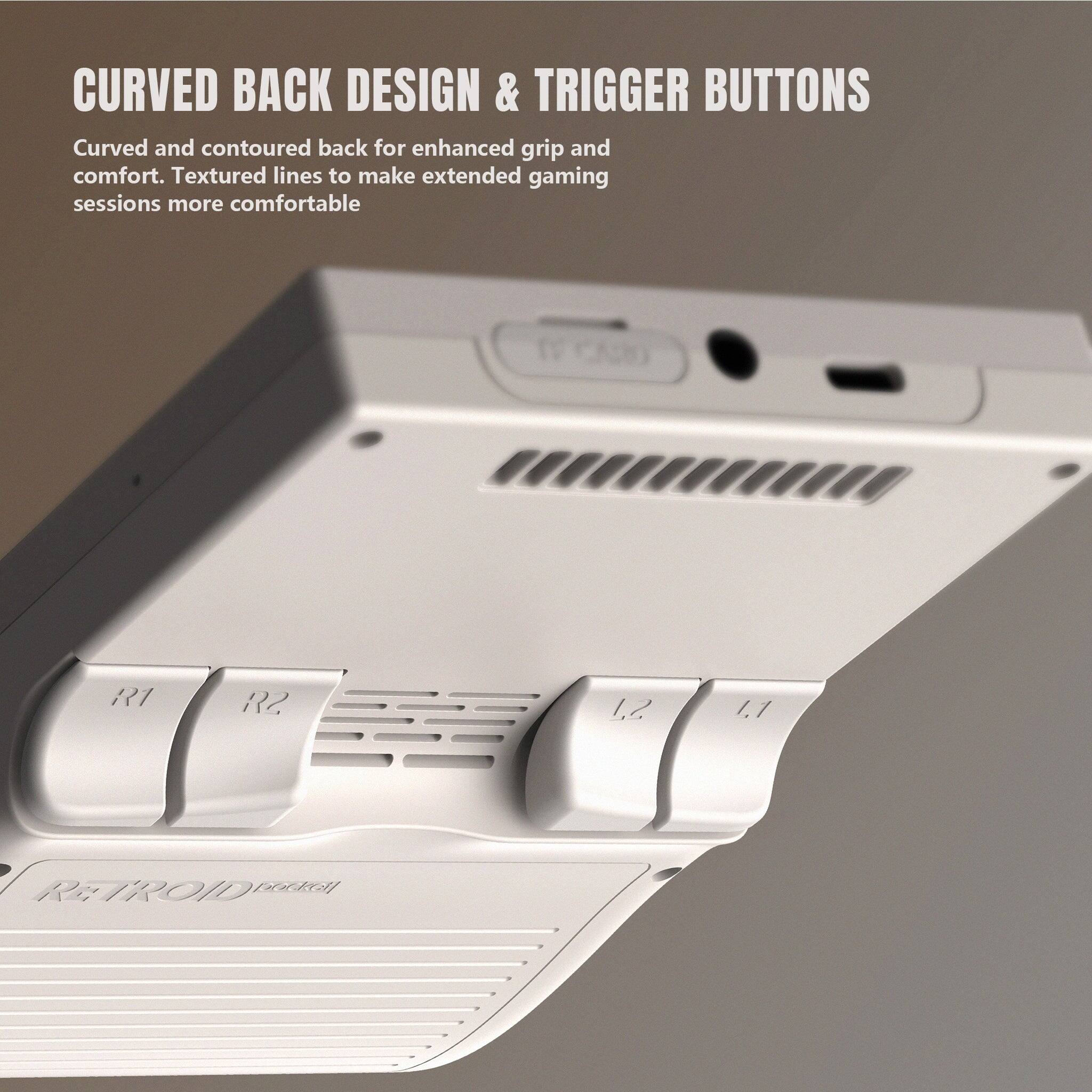 CURVED BACK DESIGN & TRIGGER BUTTONS
Curved and contoured back for enhanced grip and comfort. Textured lines to make extended gaming sessions more comfortable
R1 R2 L2 L1
RETROID pohal