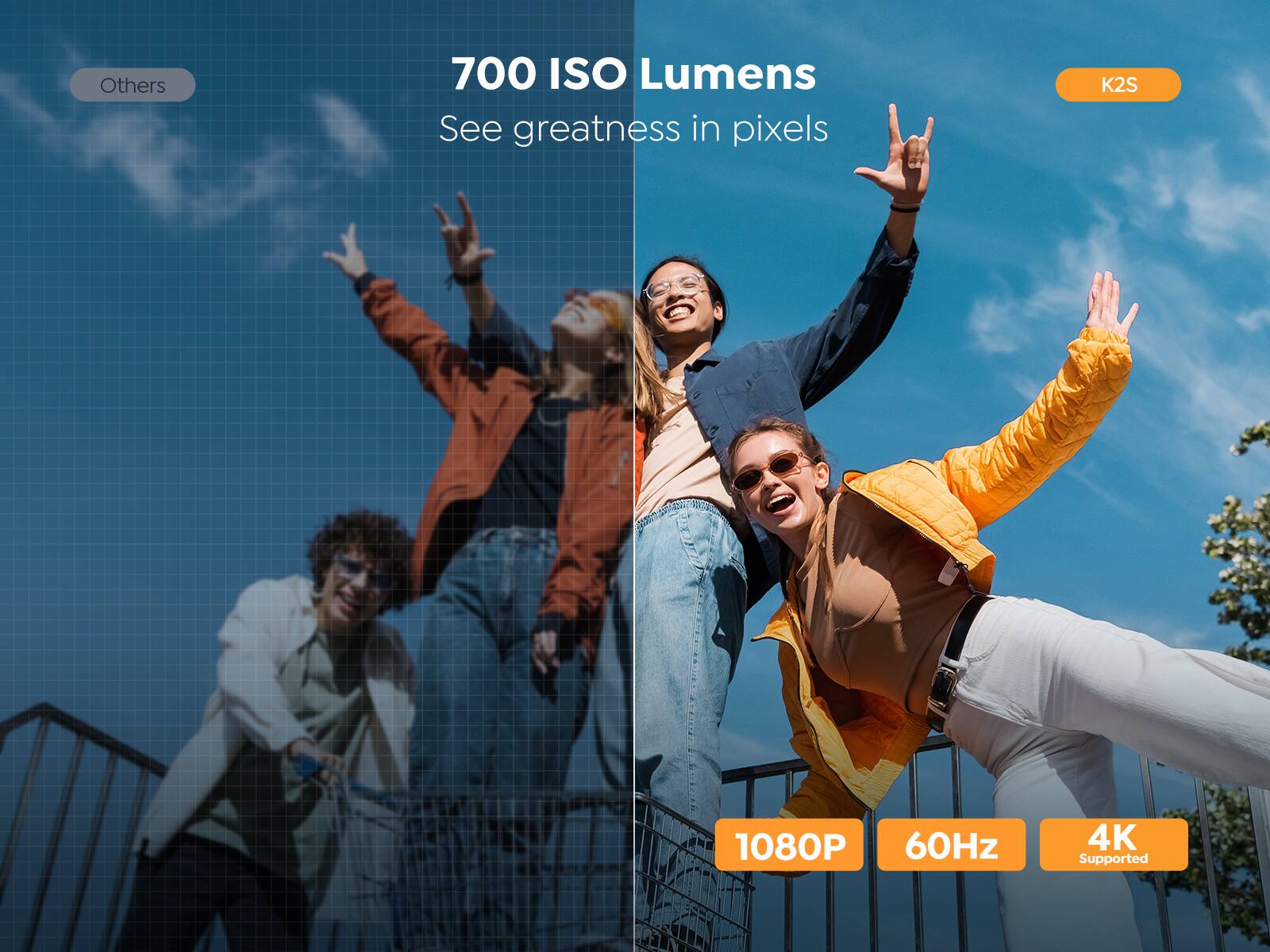 Others  
700 ISO Lumens  
See greatness in pixels  
K2S  
1080P  
60Hz  
4K Supported