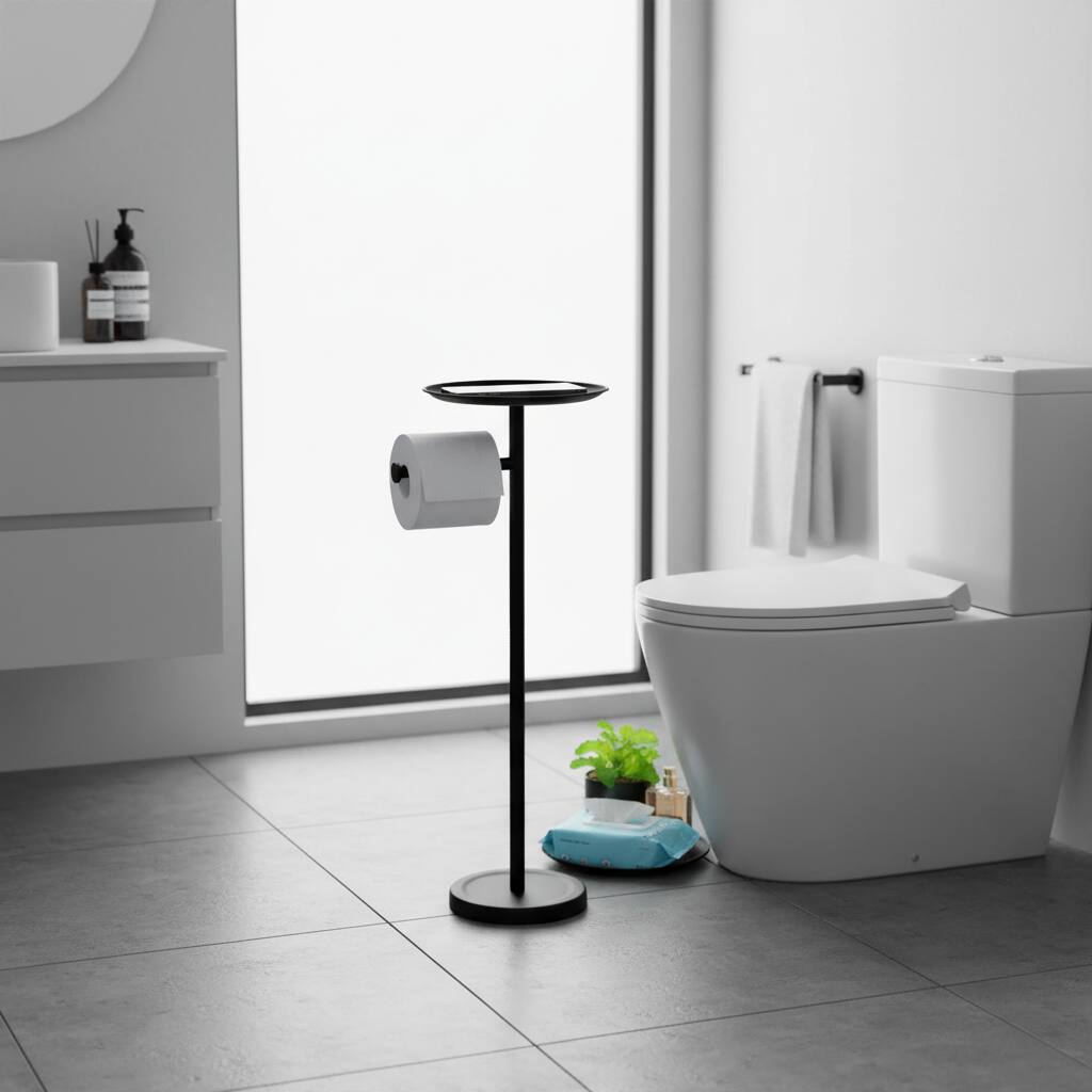 Alt View 1. Dazzed Corner - Toilet Paper Holder Stand with Shelf, Heavy Base - Black.