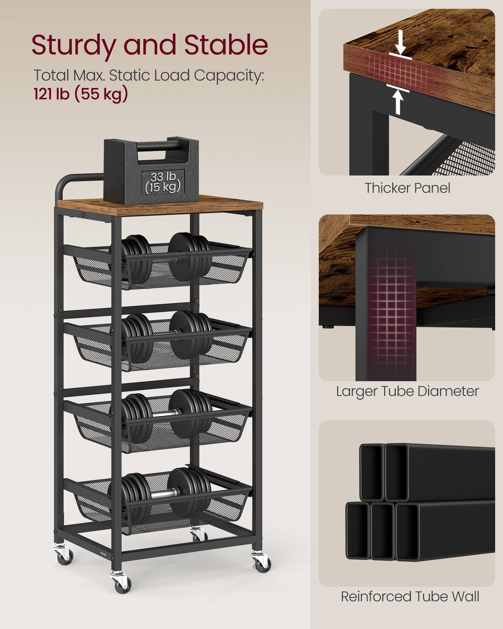 Sturdy and Stable  
Total Max. Static Load Capacity: 121 lb (55 kg)  
33 lb (15 kg)  

Thicker Panel  
Larger Tube Diameter  
Reinforced Tube Wall