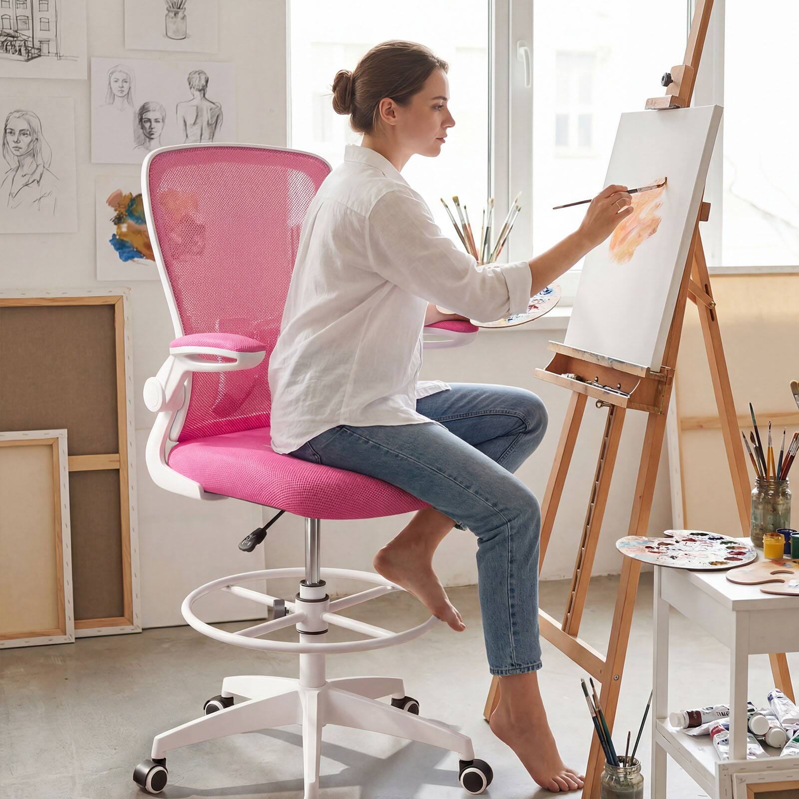 Alt View 7. Gymax - Gymax 2PCS Home Office Drafting Chair w/Flip-Up Armrests Adjustable Footrest Ring - Pink.