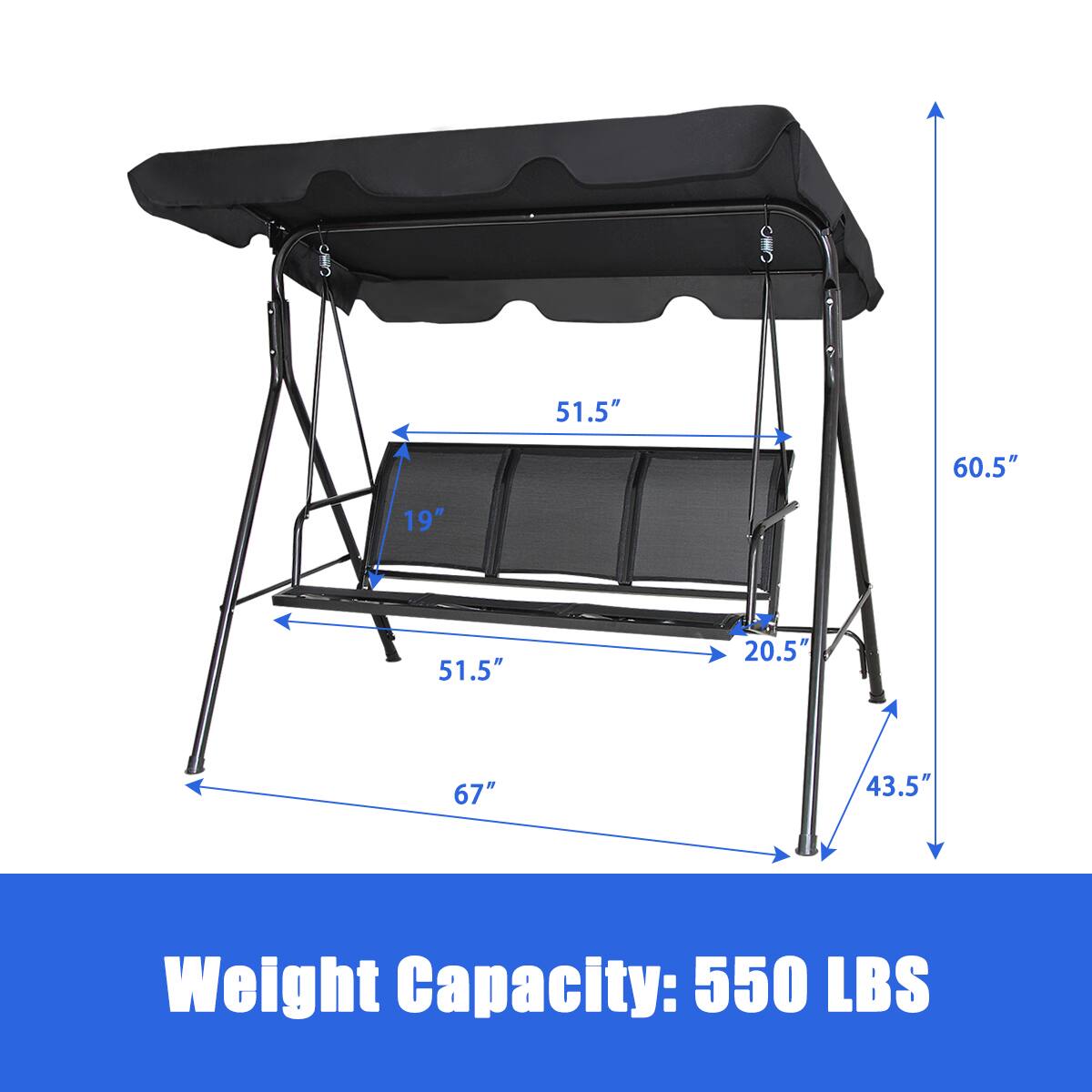 51.5"  
60.5"  
19"  
51.5"  
20.5"  
67"  
43.5"  

Weight Capacity: 550 LBS