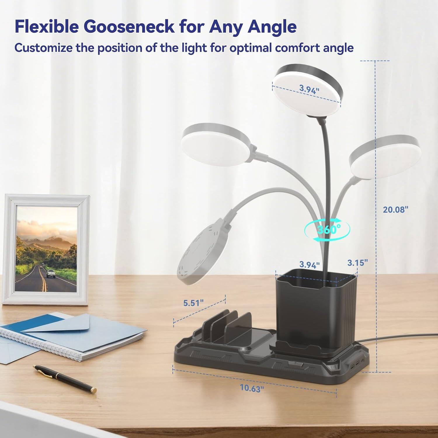 Flexible Gooseneck for Any Angle  
Customize the position of the light for optimal comfort angle  

- 3.94"  
- 360°  
- 20.08"  
- 3.94"  
- 3.15"  
- 5.51"  
- 10.63"