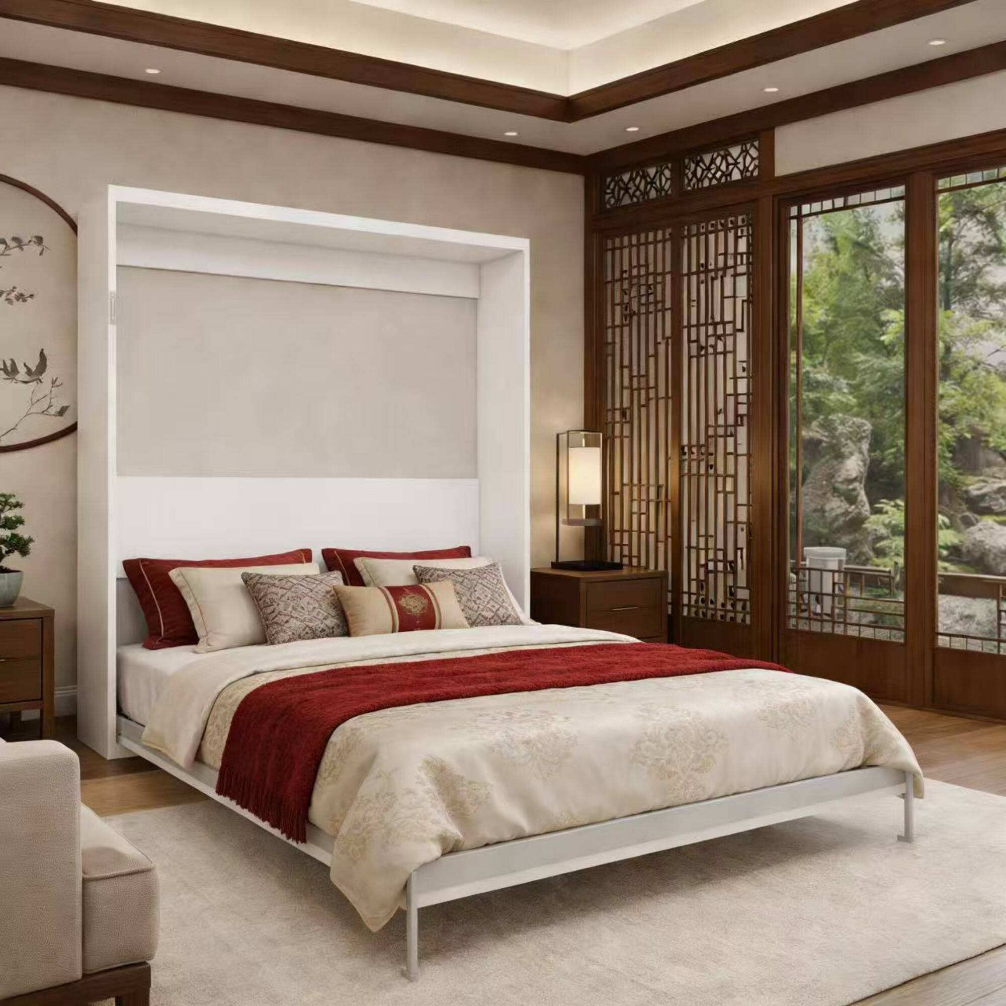 Left. Anysun - Queen Murphy Wall Bed - Vertical Folding Design, Space-Saving Standard Bed Frame for Living Room - White.