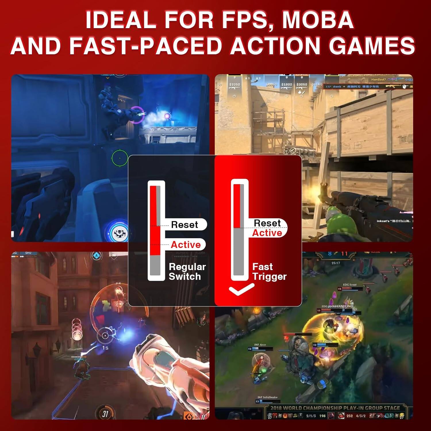 IDEAL FOR FPS, MOBA AND FAST-PACED ACTION GAMES

- Reset Active
- Regular Switch
- Fast Trigger

2018 WORLD CHAMPIONSHIP PLAY-IN GROUP STAGE