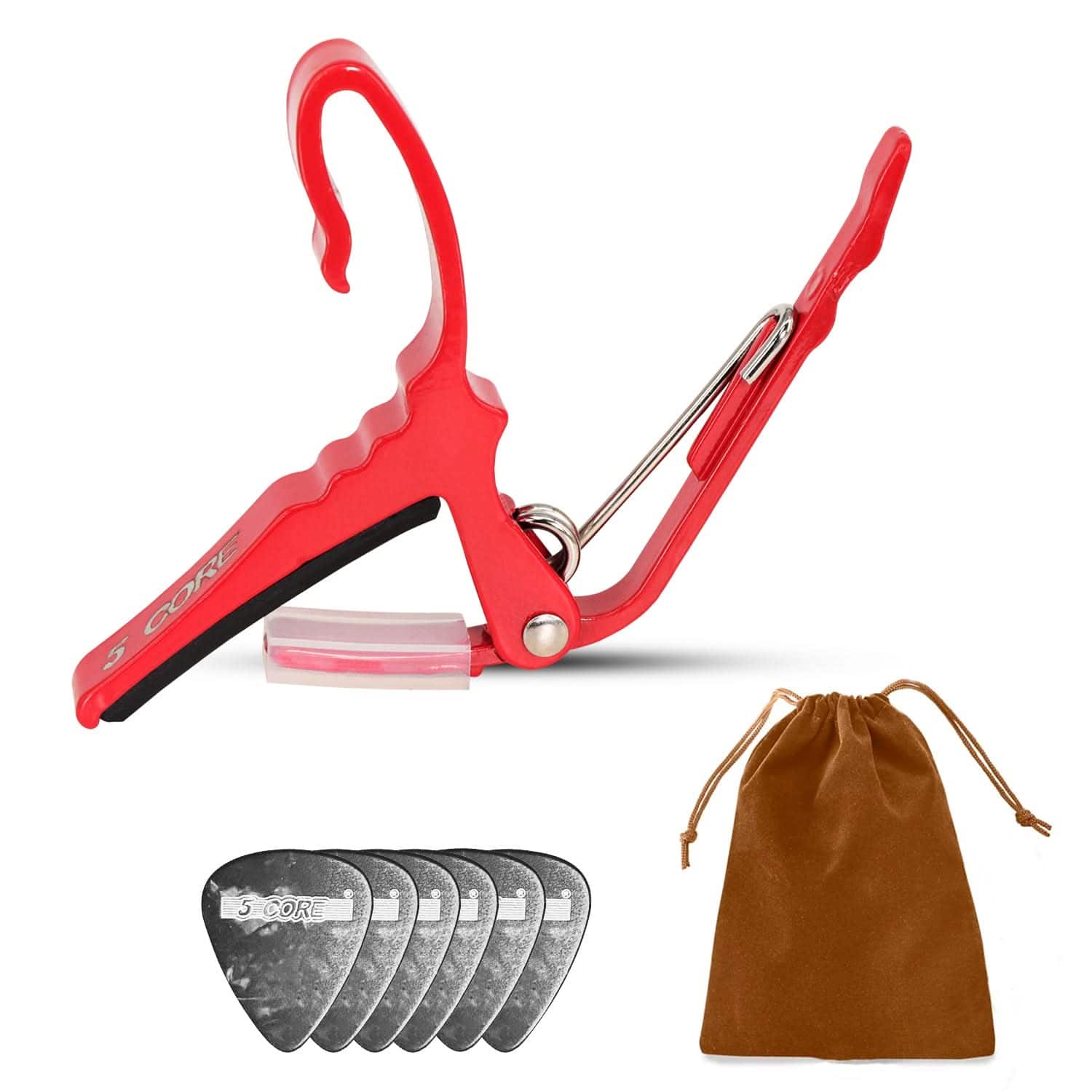 5 CORE - 5Core Capo Acoustic Electric Guitar String Clip + 6Pcs Guitar Picks + Carry Bag - Red