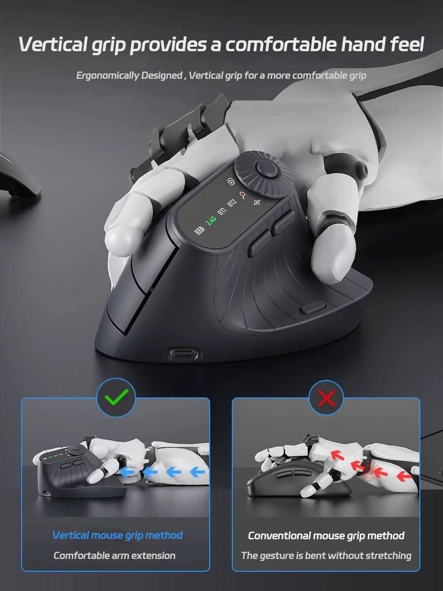 Vertical grip provides a comfortable hand feel

Ergonomically Designed, Vertical grip for a more comfortable grip

Vertical mouse grip method
Comfortable arm extension

Conventional mouse grip method
The gesture is bent without stretching