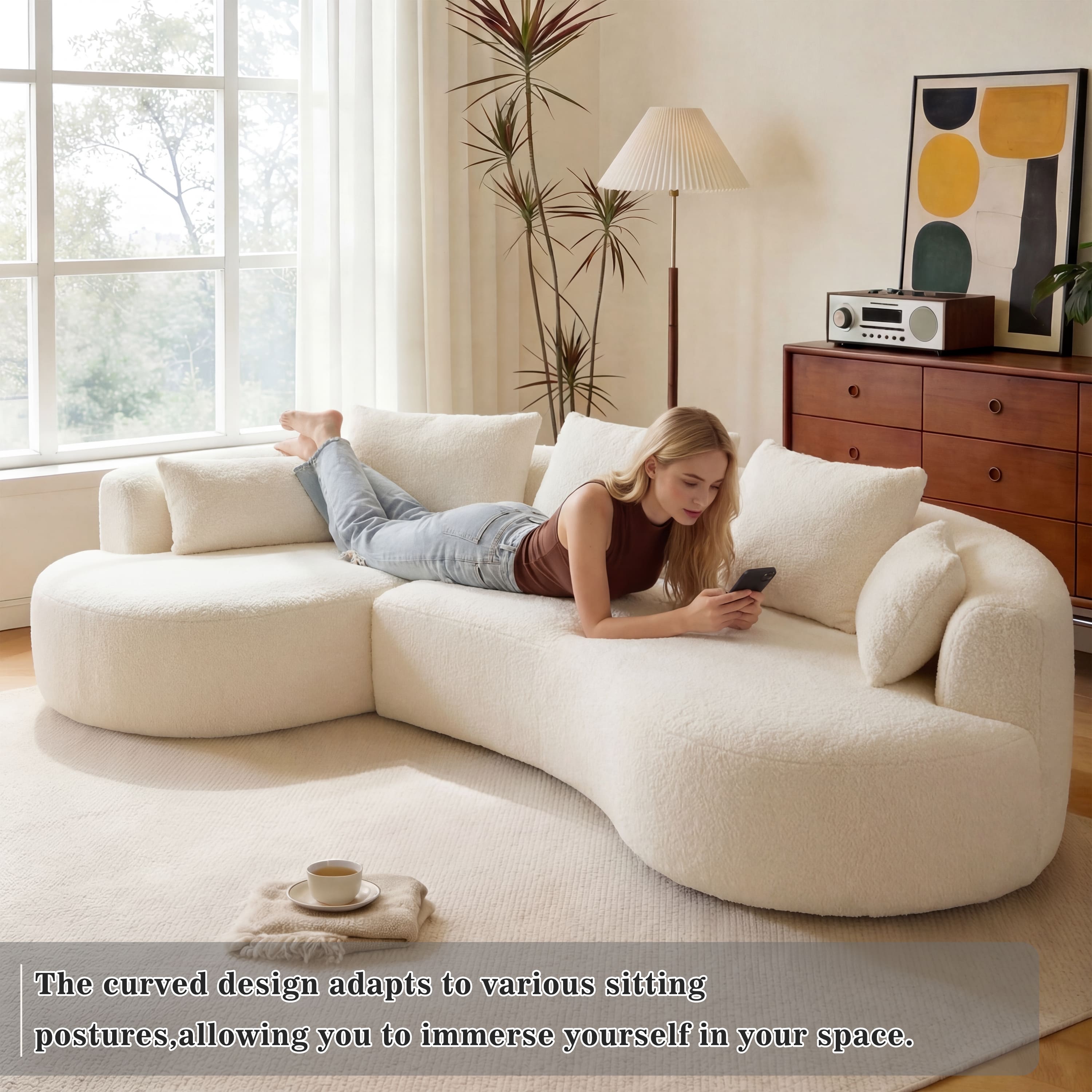 Dyonery - lambskin full-compression irregular-shaped sofa, left recliner, Beige - Beige
