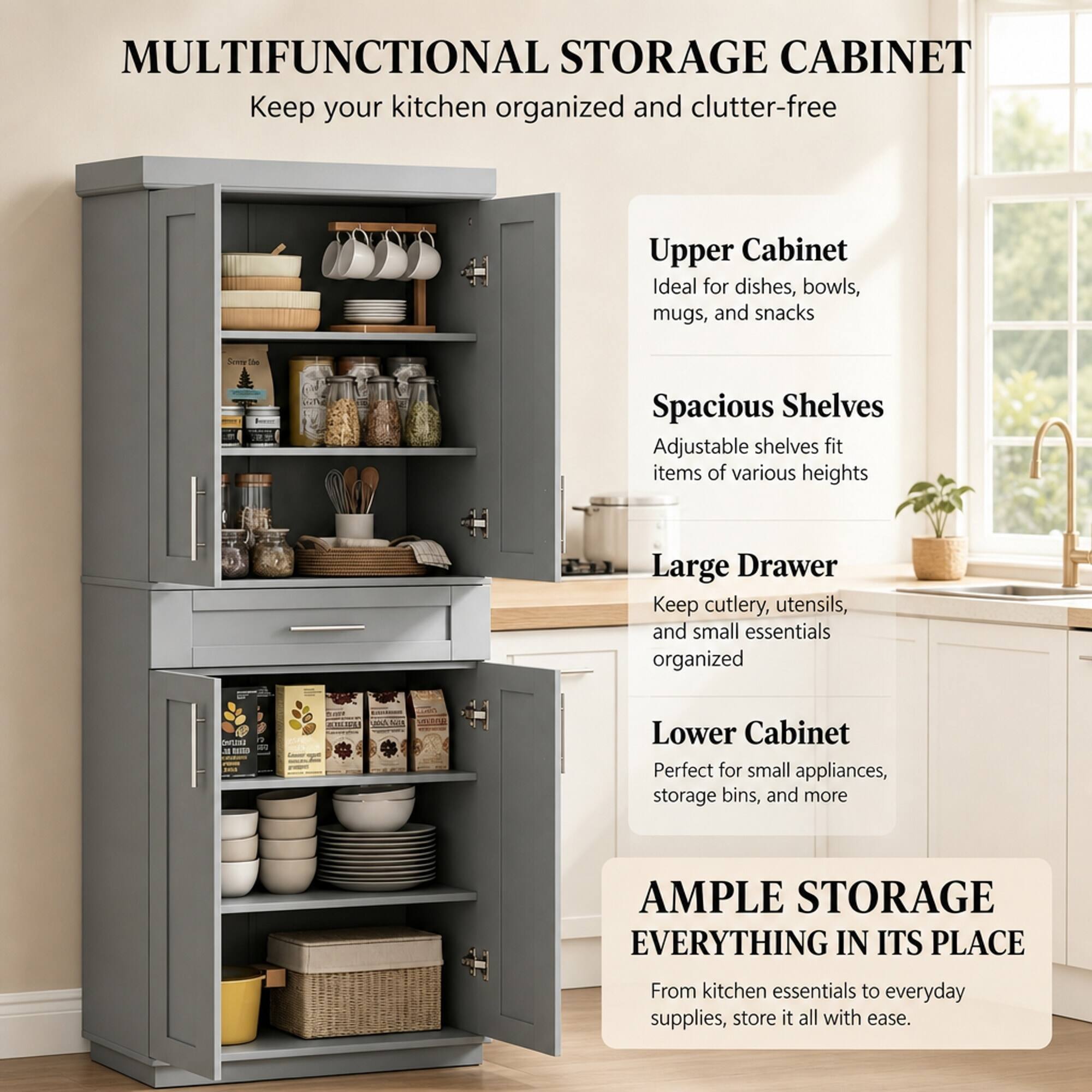 RYHNUYNE Freestanding Tall Storage Cabinet, Kitchen Pantry Cabinet with ...