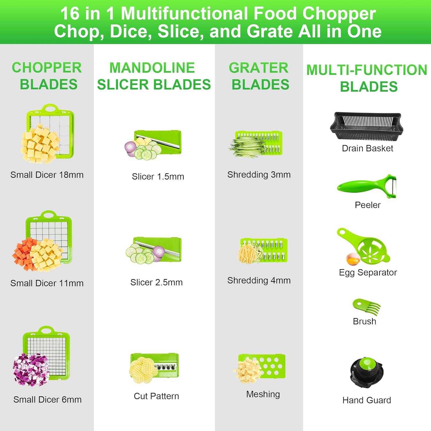 16 in 1 Multifunctional Food Chopper  
Chop, Dice, Slice, and Grate All in One  

**CHOPPER BLADES**  
- Small Dicer 18mm  
- Small Dicer 11mm  
- Small Dicer 6mm  

**MANDOLINE SLICER BLADES**  
- Slicer 1.5mm  
- Slicer 2.5mm  
- Cut Pattern  

**GRATER BLADES**  
- Shredding 3mm  
- Shredding 4mm  
- Meshing  

**MULTI-FUNCTION BLADES**  
- Drain Basket  
- Peeler  
- Egg Separator  
- Brush  
- Hand Guard