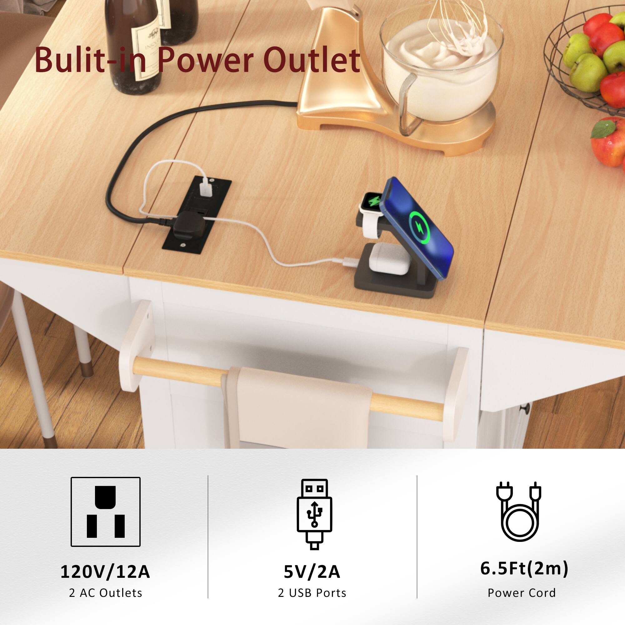Built-in Power Outlet  
120V/12A 2 AC Outlets  
5V/2A 2 USB Ports  
6.5Ft (2m) Power Cord