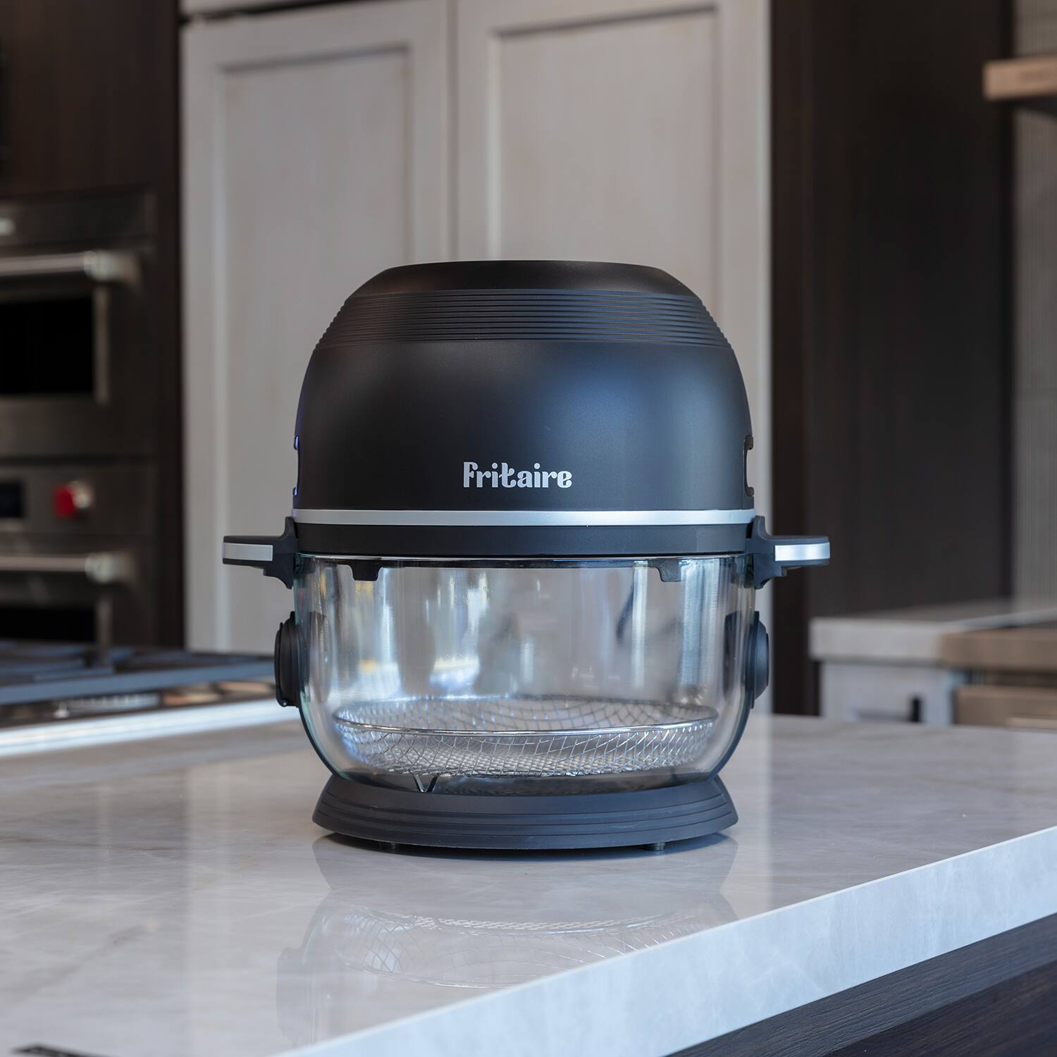 Angle. Fritaire - Non-Toxic Air Fryer - Glass Air Fryer, 5qt, Teflon-Free, PFOA- Free, w/ Accessories - Rotisserie and Tumbling Basket - Midnight Black.