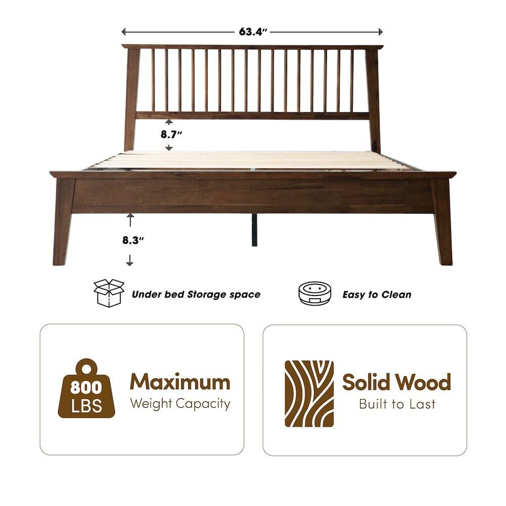 63.4" 8.7" 8.3" Under bed Storage space Easy to Clean 800 Maximum LBS Weight Capacity Solid Wood Built to Last