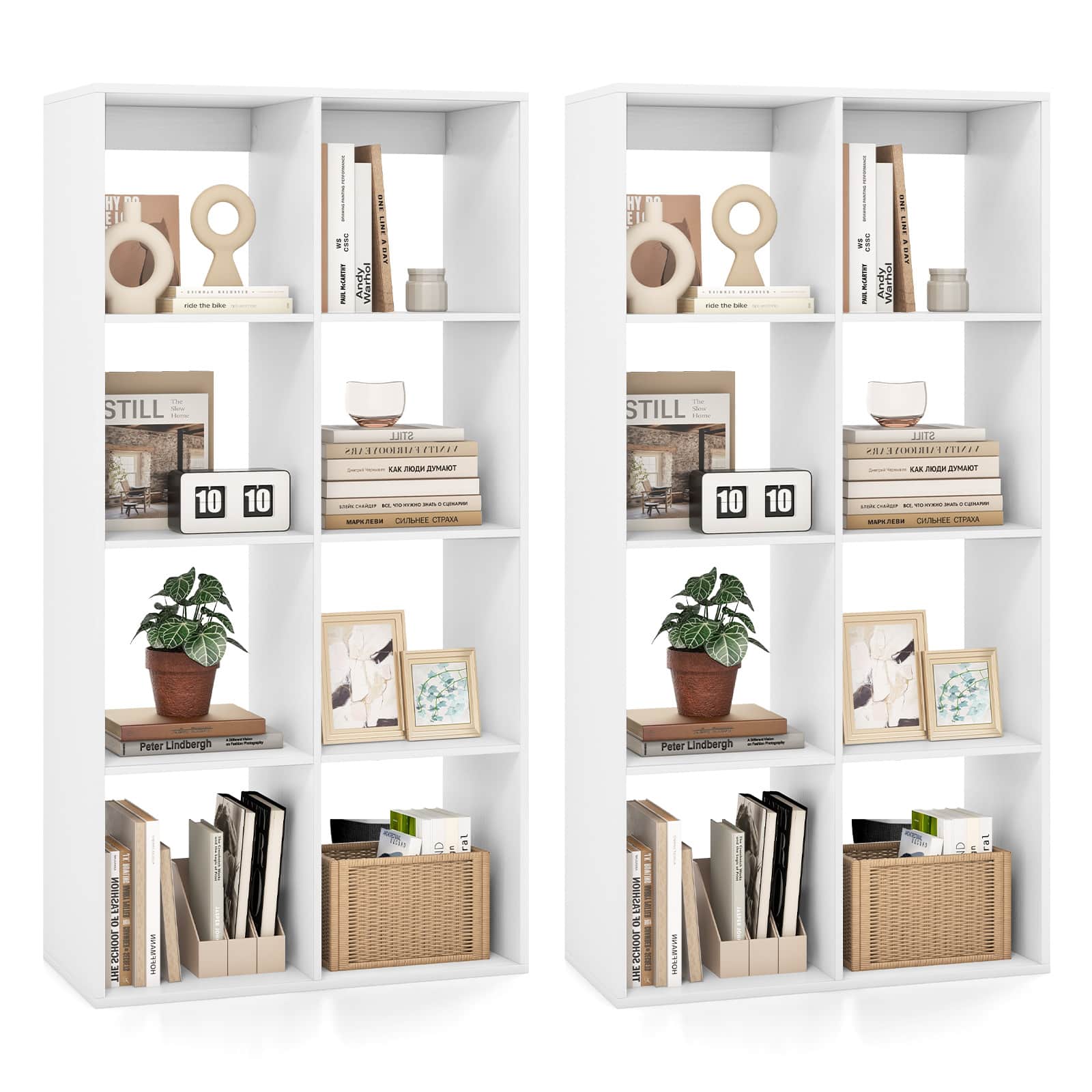 Gymax - 2PCS 8-Cube Bookcase Freestanding Cube Storage Organizer w/ Anti-Toppling Kits - White