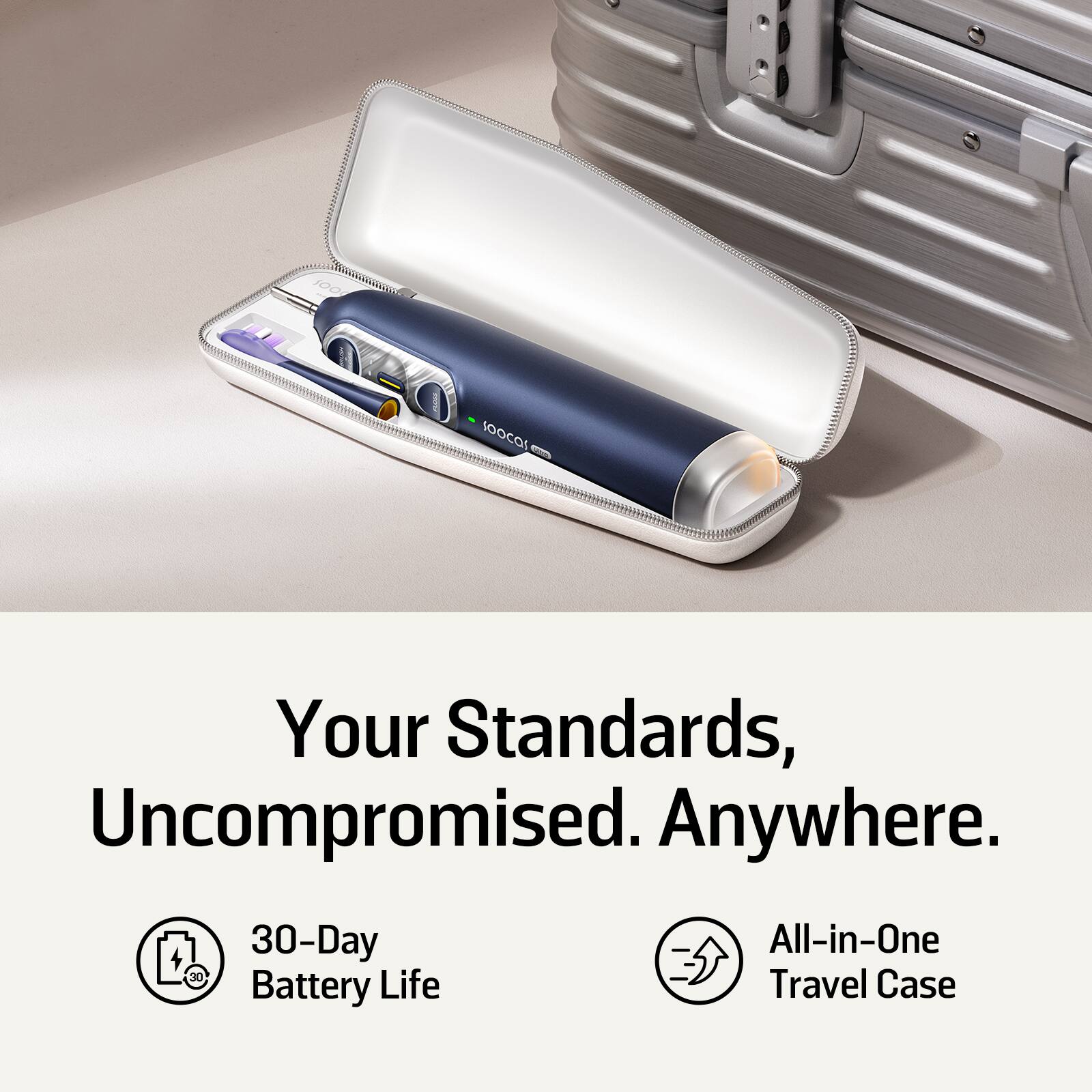 Your Standards, Uncompromised. Anywhere.

30-Day Battery Life

All-in-One Travel Case