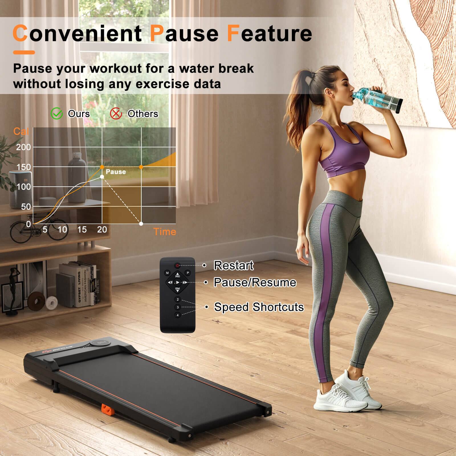 Convenient Pause Feature

Pause your workout for a water break without losing any exercise data

Ours Others
Cal
200 150 100 50 0
Pause
Time 0 5 10 15 20

- Restart
- Pause/Resume
- Speed Shortcuts
