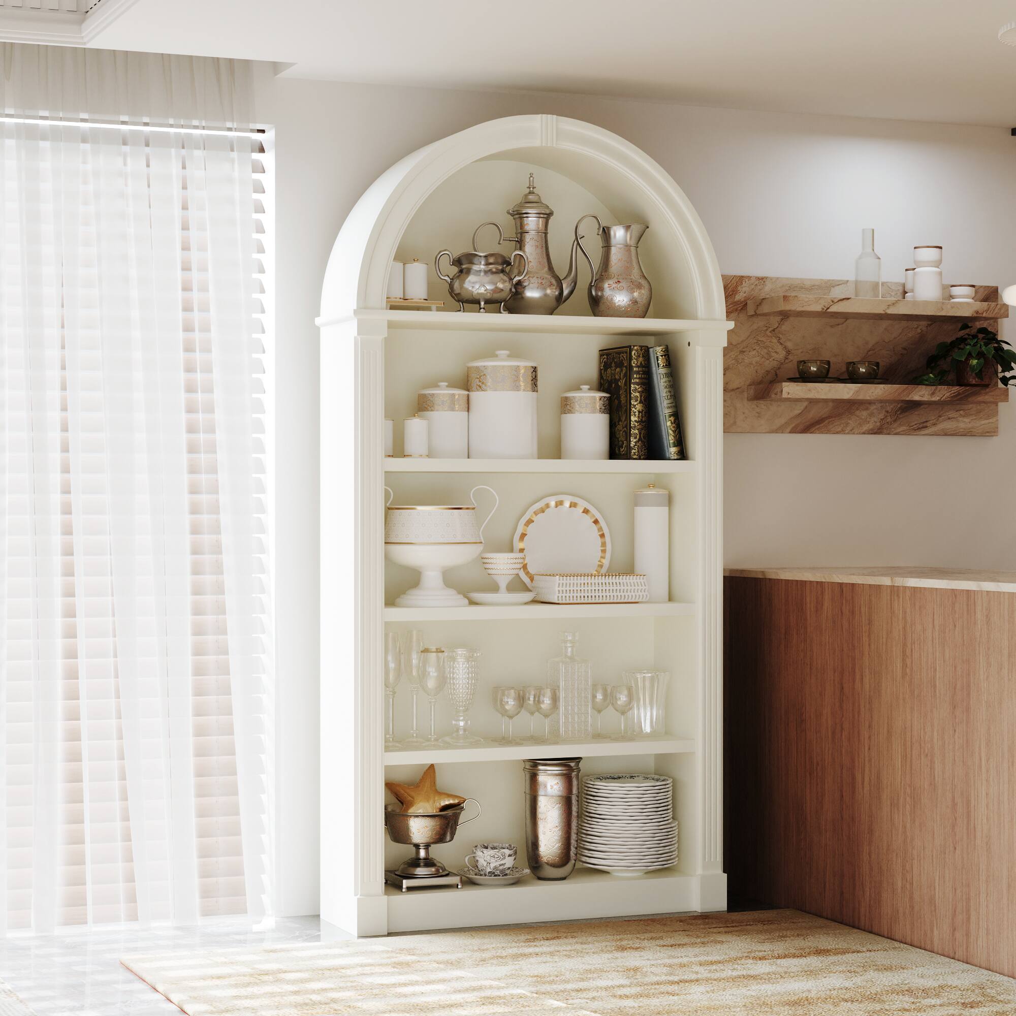 Left. FUFU & GAGA - Arched Top Display Cabinet with Multi-Tier Open Shelves and Anti-Tip Design for Living Room or Study - Off-White.