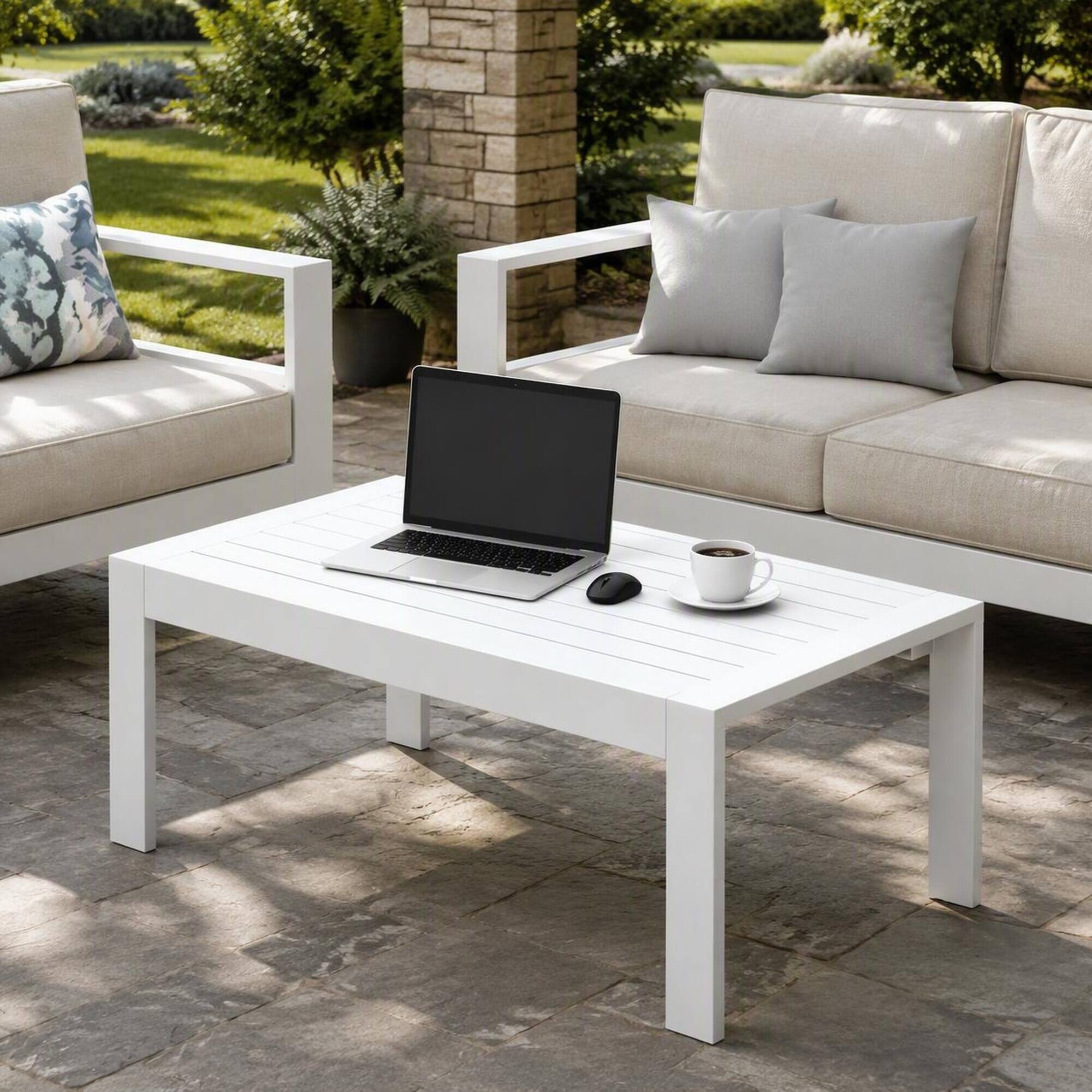 Angle. RYHNUYNE - Modern 43" Outdoor Coffee Table in Matte White Aluminum,Outdoor Furniture for Deck Balcony Poolside and Porch - White.