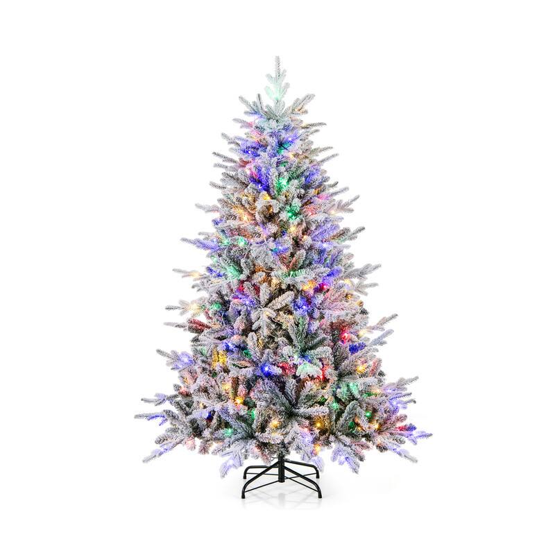 Front. WELLFOR - 6ft Pre‑Lit Artificial Christmas Tree, Snow‑Flocked PE‑PVC Hinged Xmas Tree with 820 Branch Tips &260 LED Lights - Green & White.