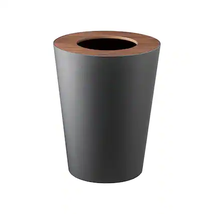 Front. Yamazaki Home - Trash Can - Round - Steel + Wood - Black.