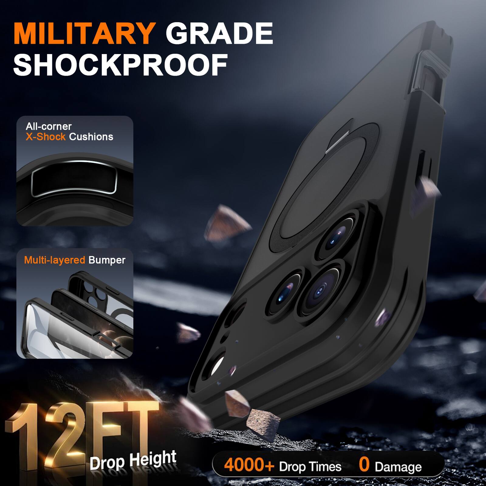 MILITARY GRADE SHOCKPROOF

All-corner X-Shock Cushions

Multi-layered Bumper

12FT Drop Height

4000+ Drop Times

0 Damage