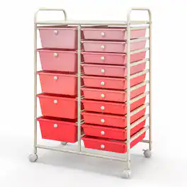 Costway - 15 Drawer Rolling Storage Cart Scrapbook Paper Office School Organizer - Gradient Pink