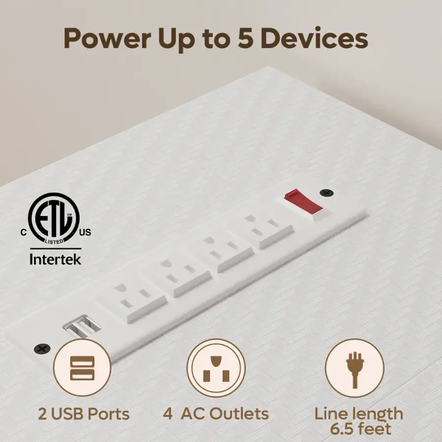 Power Up to 5 Devices - C ETV US LISTED Intertek  2 USB Ports  4 AC Outlets  Line length 6.5 feet