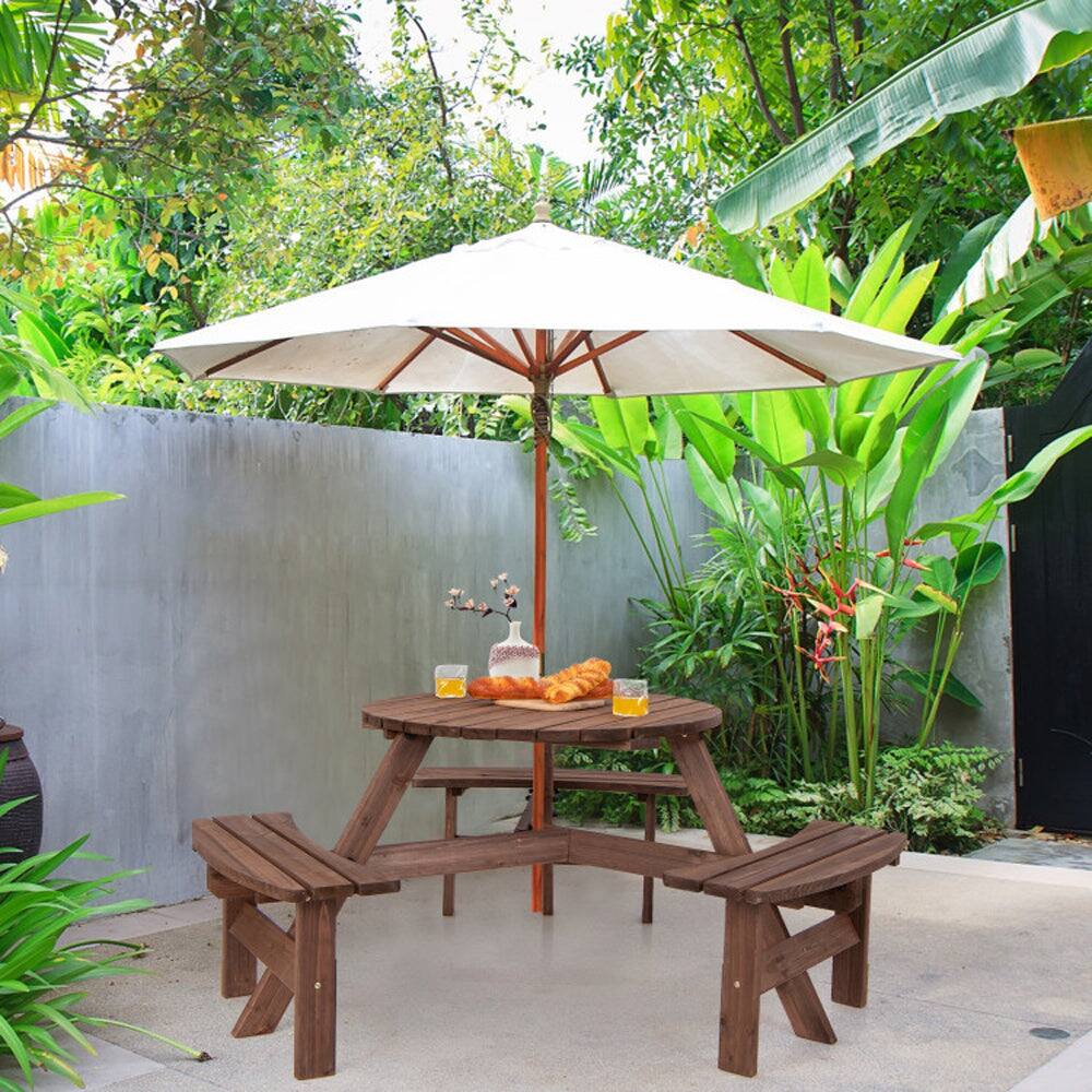 Alt View 7. Boyel Living - 6 Person Wooden Picnic Table Set with Bench and Umbrella Hold - Dark brown.