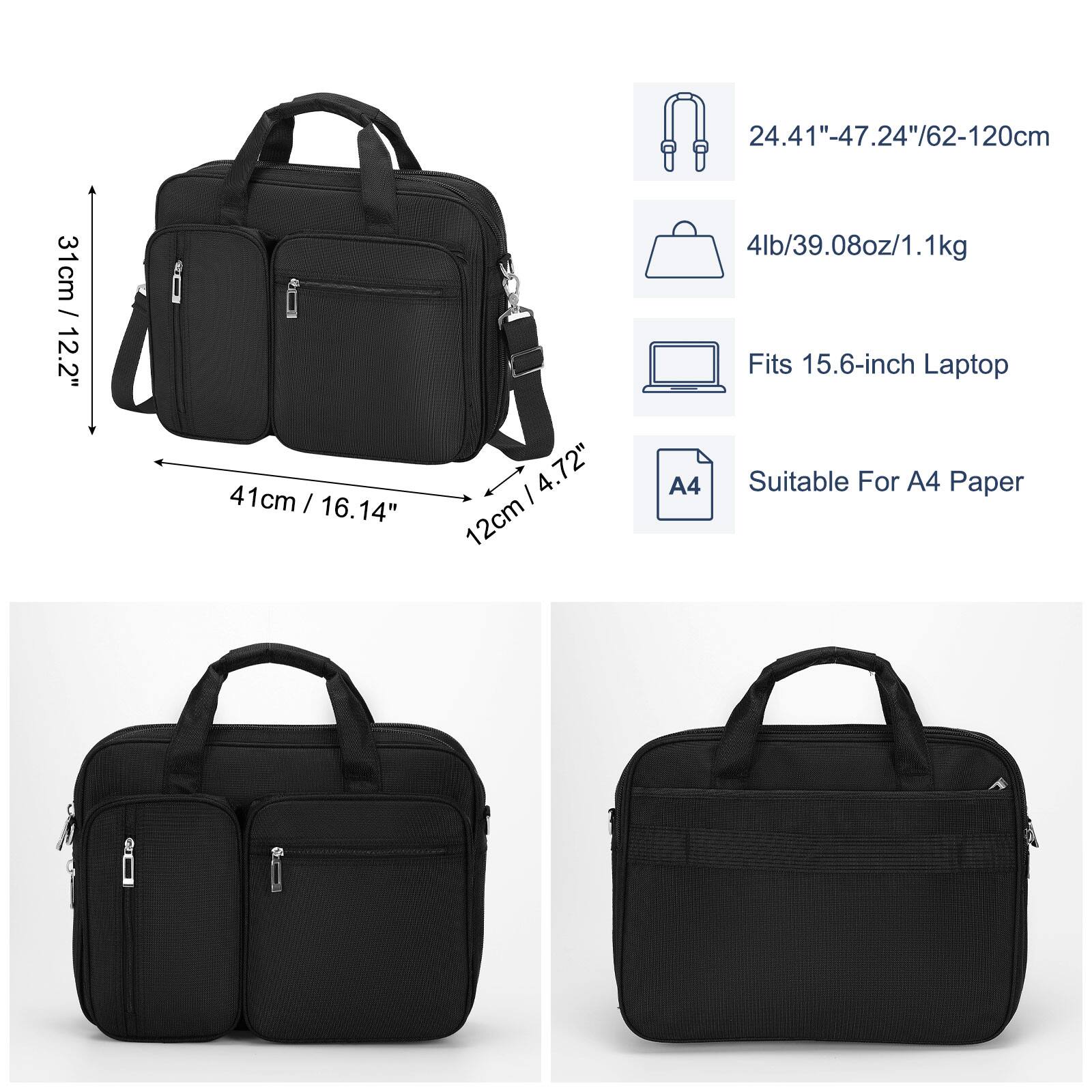 31cm / 12.2"  
4.72"  
41cm / 16.14"  
41cm / 16.14"  
12cm  
24.41"-47.24"/62-120cm  
24.41"  
4lb/39.08oz/1.1kg  
Fits 15.6-inch Laptop  
Suitable For A4 Paper