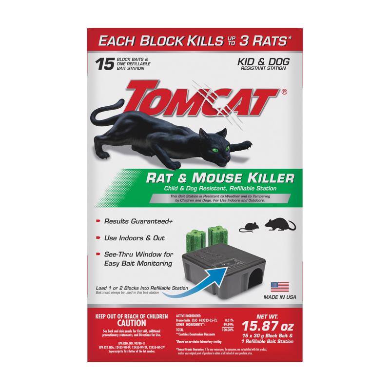 EACH BLOCK KILLS UP TO 3 RATS*

15 BLOCK BAITS & ONE REFILLABLE BAIT STATION

TOMCAT®

RAT & MOUSE KILLER

Child & Dog Resistant, Refillable Station

- Results Guaranteed+
- Use Indoors & Out
- See-Thru Window for Easy Bait Monitoring

Load 1 or 2 Blocks Into Refillable Station

KEEP OUT OF REACH OF CHILDREN

CAUTION

MADE IN USA

NET WT. 15.87 oz

15 x 30 g Block Bait & 1 Refillable Bait Station

ACTIVE INGREDIENTS:
Bromethalin (CAS #43333-15-7) 0.01%
OTHER INGREDIENTS 99.99%

*Based on laboratory testing

KID & DOG RESISTANT STATION

The Bait Station is Resistant to Weather and Tampering by Children and Dogs. For Use Indoors and Outdoors.

See back side panel for First Aid, additional precautionary statements, and directions for use.

EPA Reg. No. 88-1191
EPA Est. No